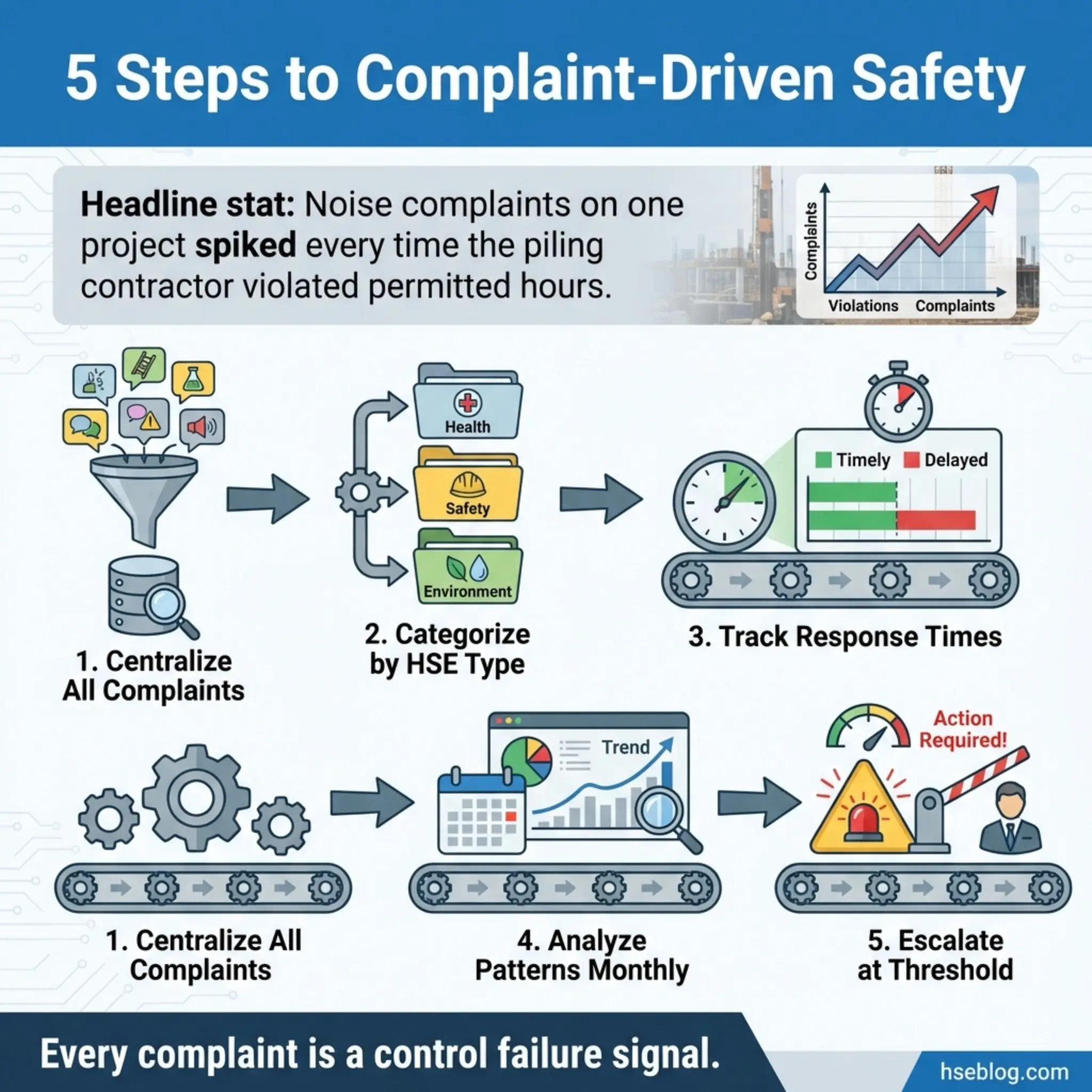 Infographic showing 5 steps for complaint-driven safety: centralize complaints, categorize by HSE type, track response times, analyze patterns monthly, and escalate at threshold.