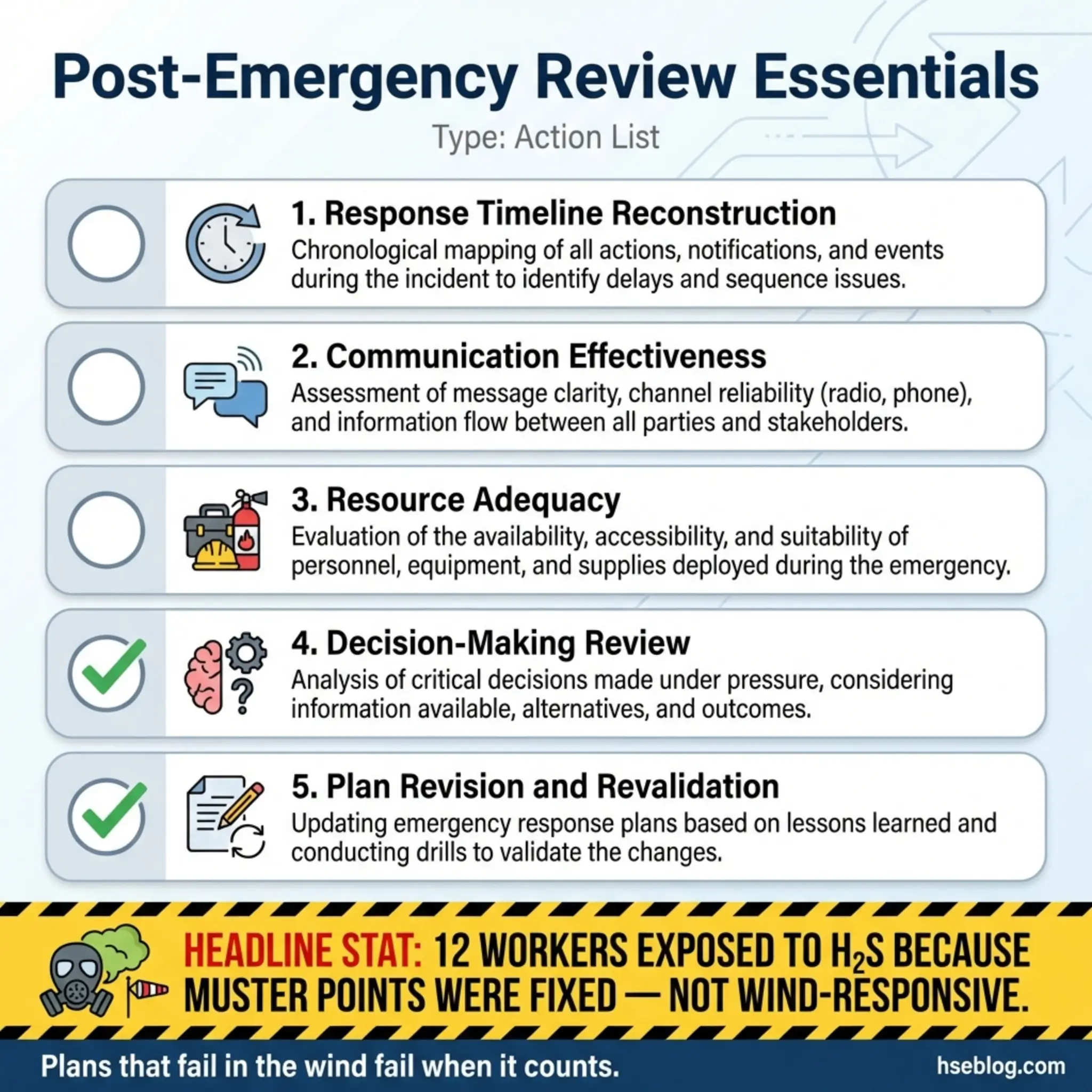 Post-emergency review action list with five checkpoints covering response timeline, communication, resources, decision-making, and plan revision for incident analysis.
