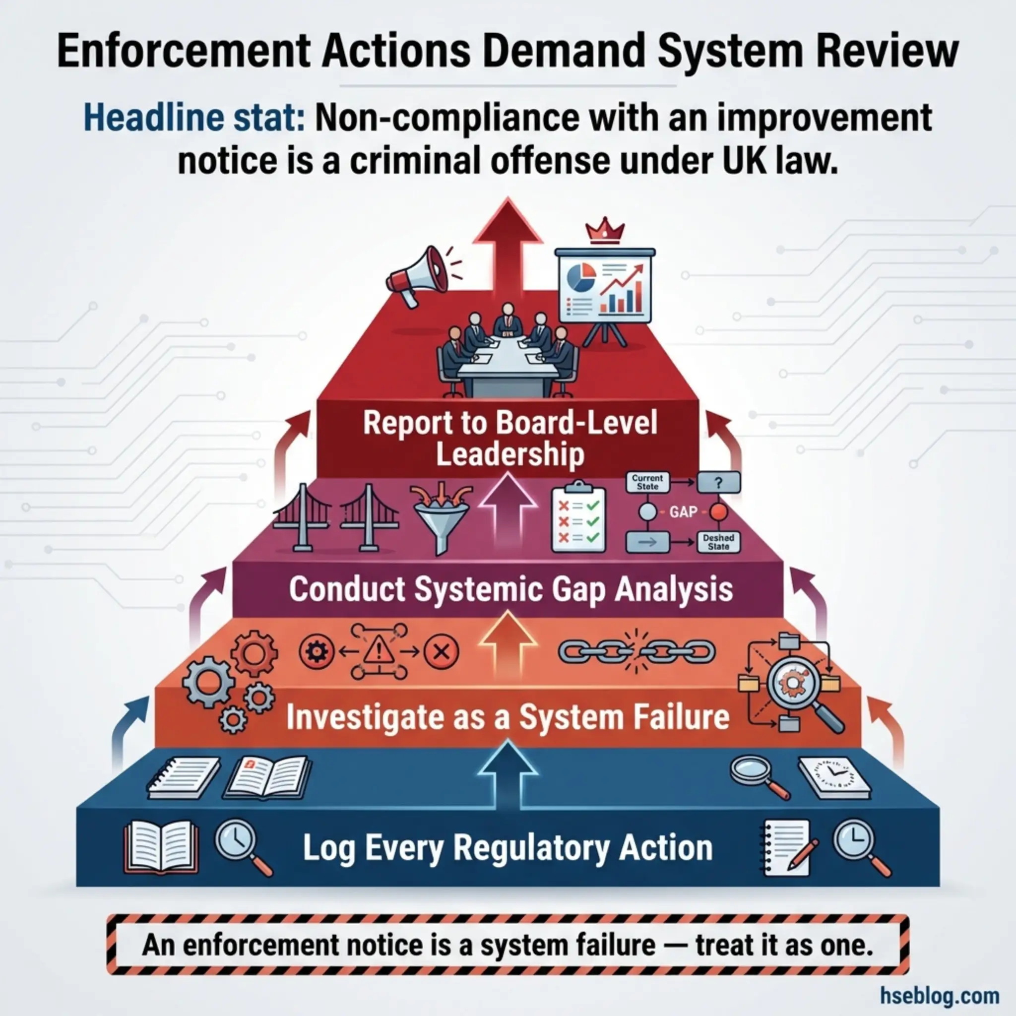 Pyramid diagram showing UK enforcement actions demand system review with five layers: log regulatory actions, investigate as system failure, conduct gap analysis, report to leadership, and treat en...