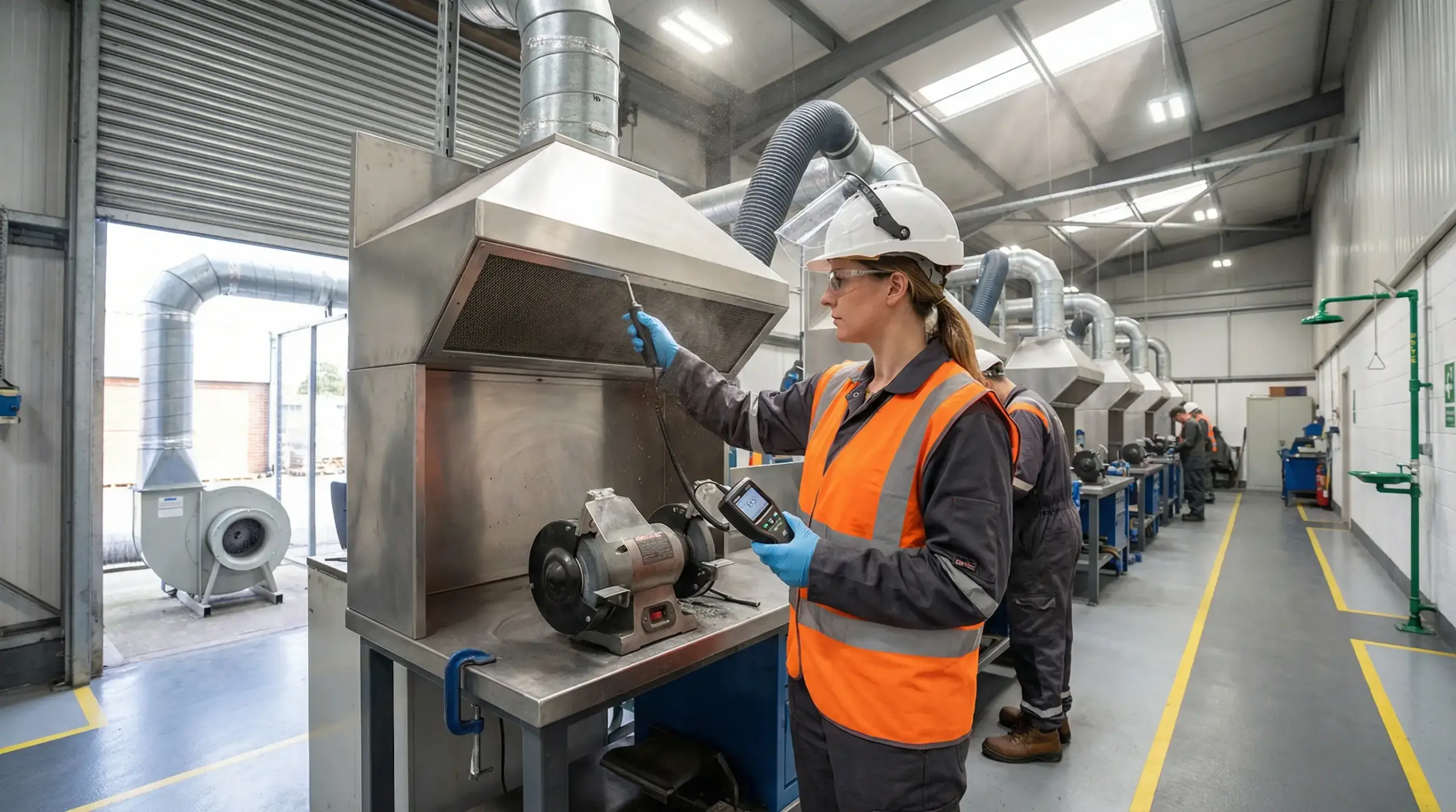 Worker in safety vest and hard hat inspecting industrial equipment with monitoring device in manufacturing facility.