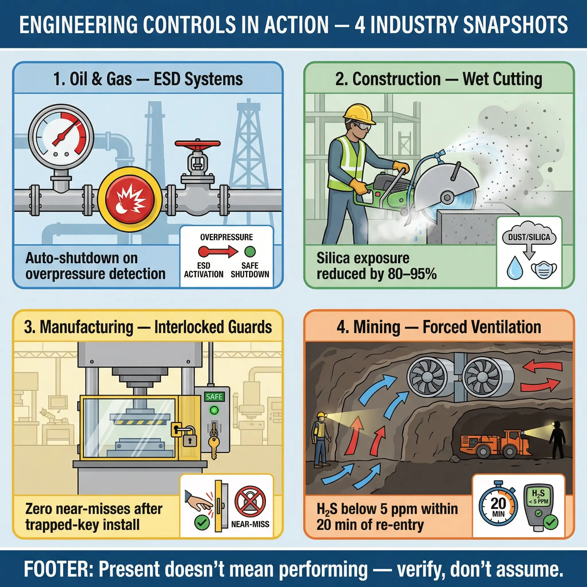 Four industry examples of engineering controls: ESD systems in oil and gas, wet cutting in construction, interlocked guards in manufacturing, and forced ventilation in mining operations.