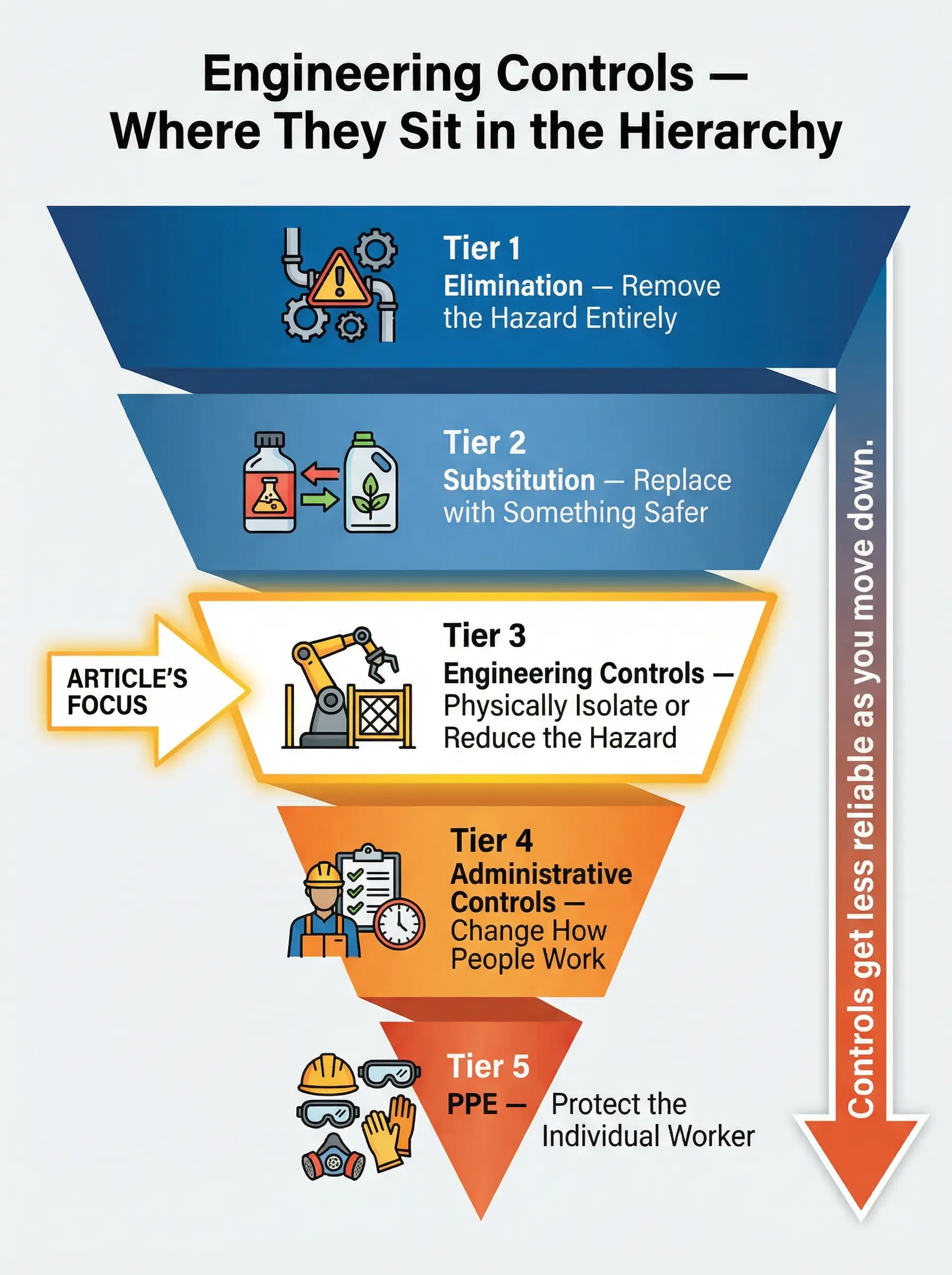 Hierarchical pyramid diagram showing five tiers of engineering controls from most to least reliable: elimination, substitution, engineering controls, administrative controls, and personal protectiv...