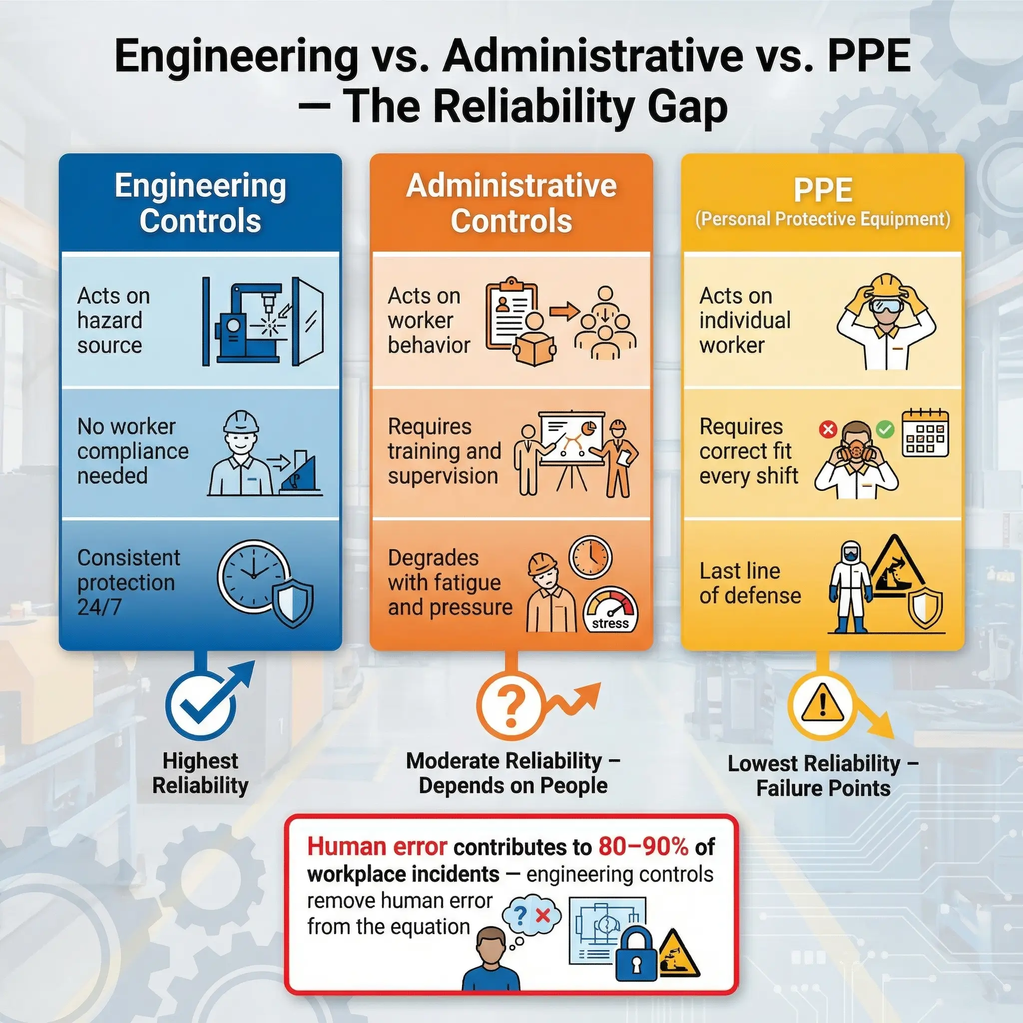Comparison chart showing engineering controls as most reliable safety method, administrative controls as moderate, and PPE as least reliable, with human error contributing to 80-90% of workplace in...