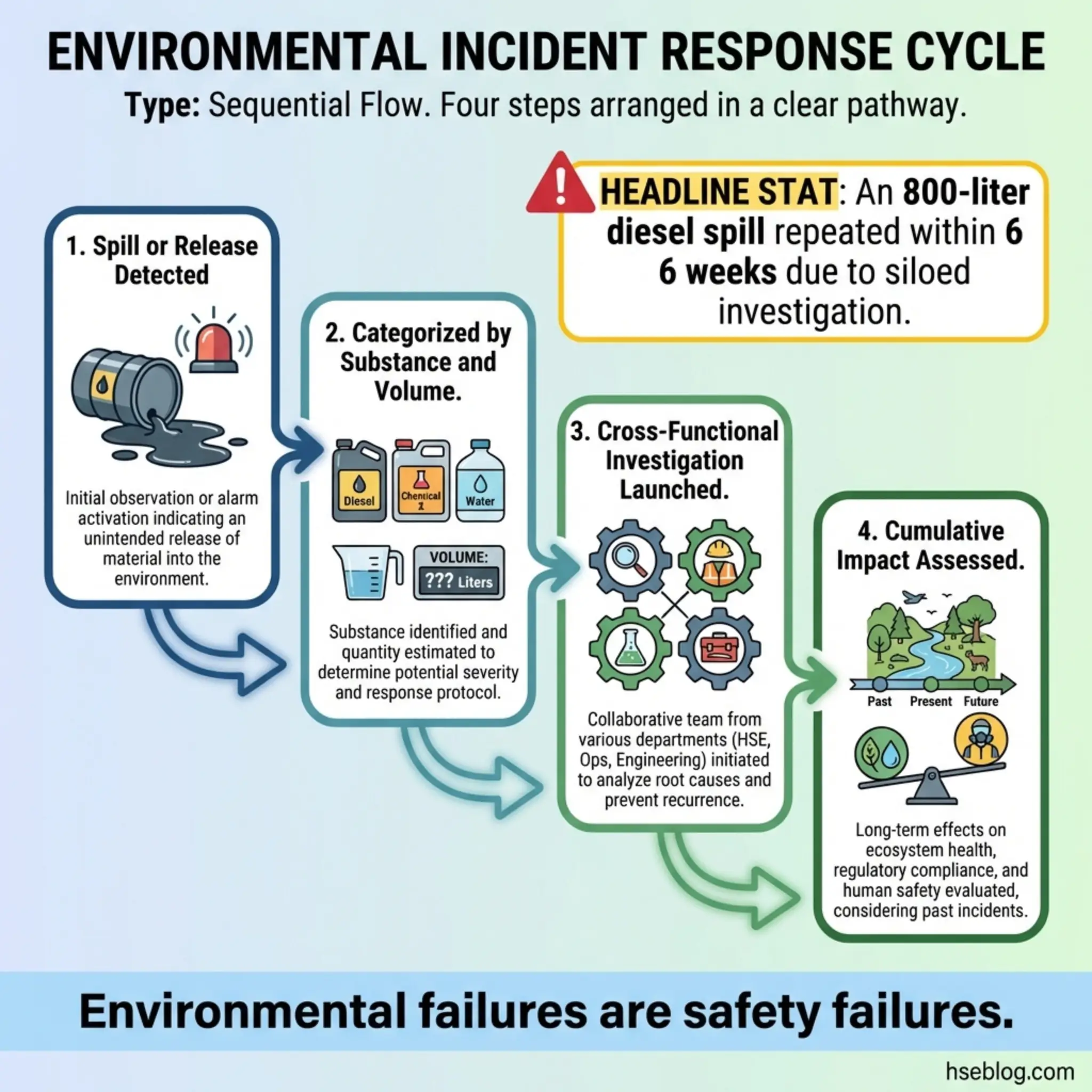 Four-step environmental incident response cycle showing detection, categorization, cross-functional investigation, and cumulative impact assessment with example of repeated diesel spill.