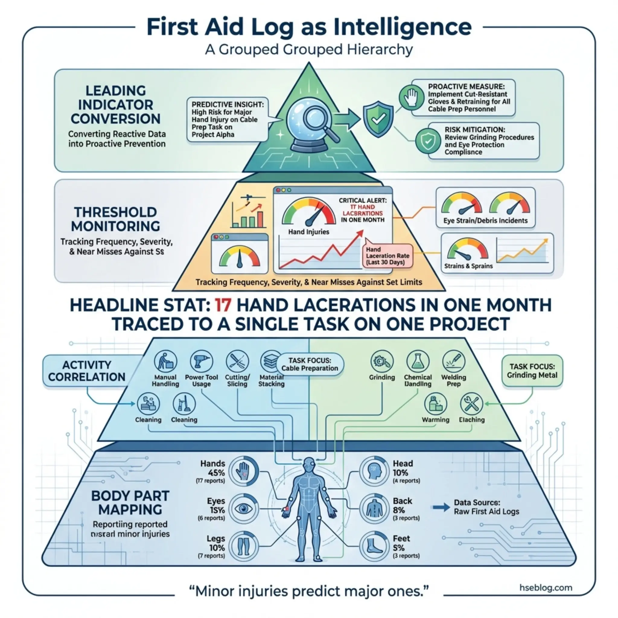 Hierarchical pyramid diagram showing how first aid log data converts into safety intelligence through hand laceration analysis and injury prevention strategies.