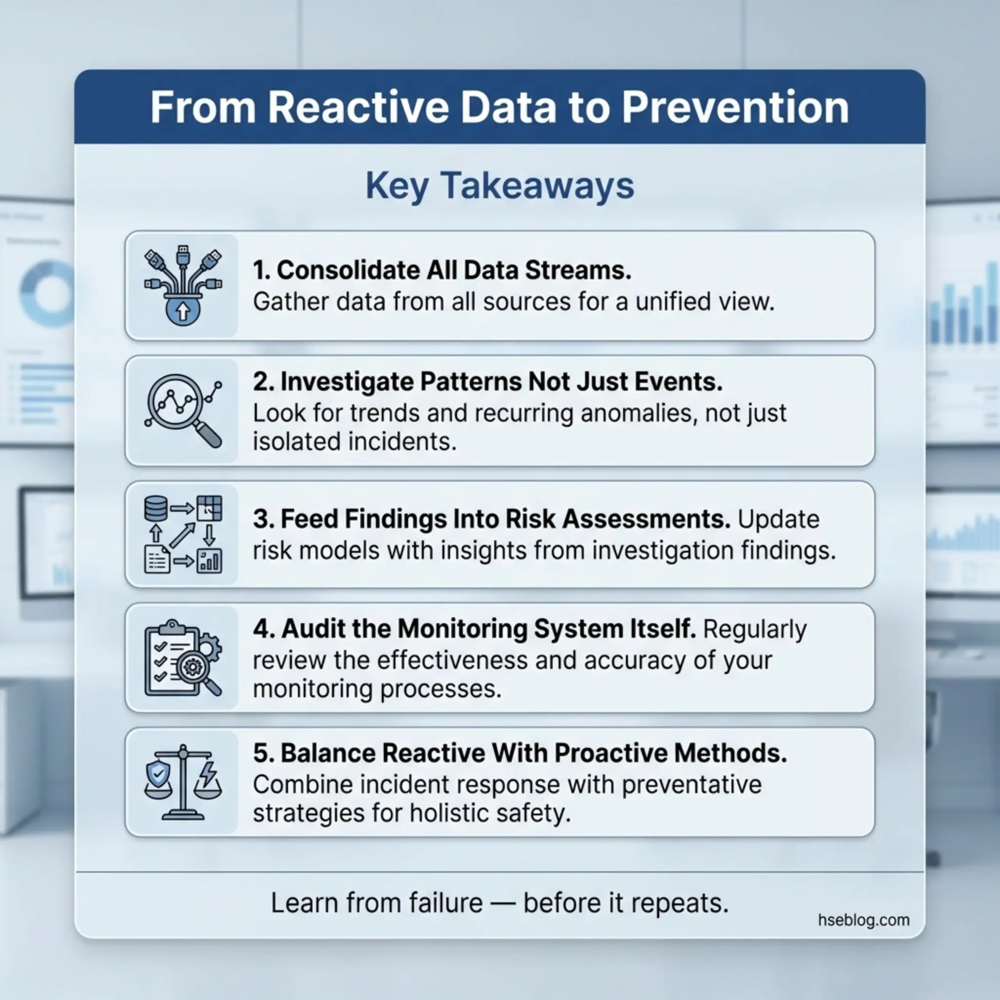 Infographic showing five key takeaways for transitioning from reactive to preventive data analysis in safety management systems.
