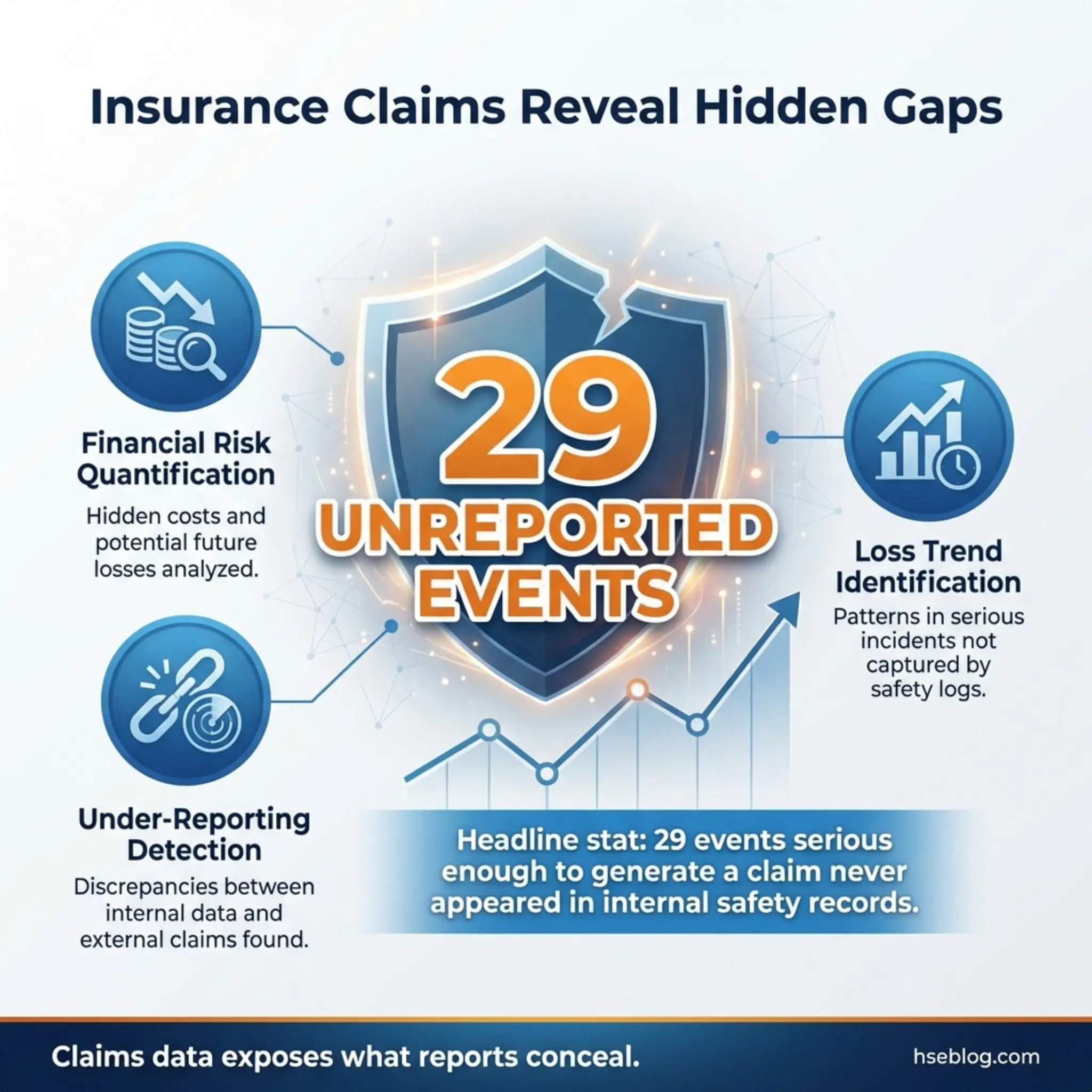 Infographic showing 29 unreported insurance events with three key findings: financial risk quantification, loss trend identification, and under-reporting detection gaps.