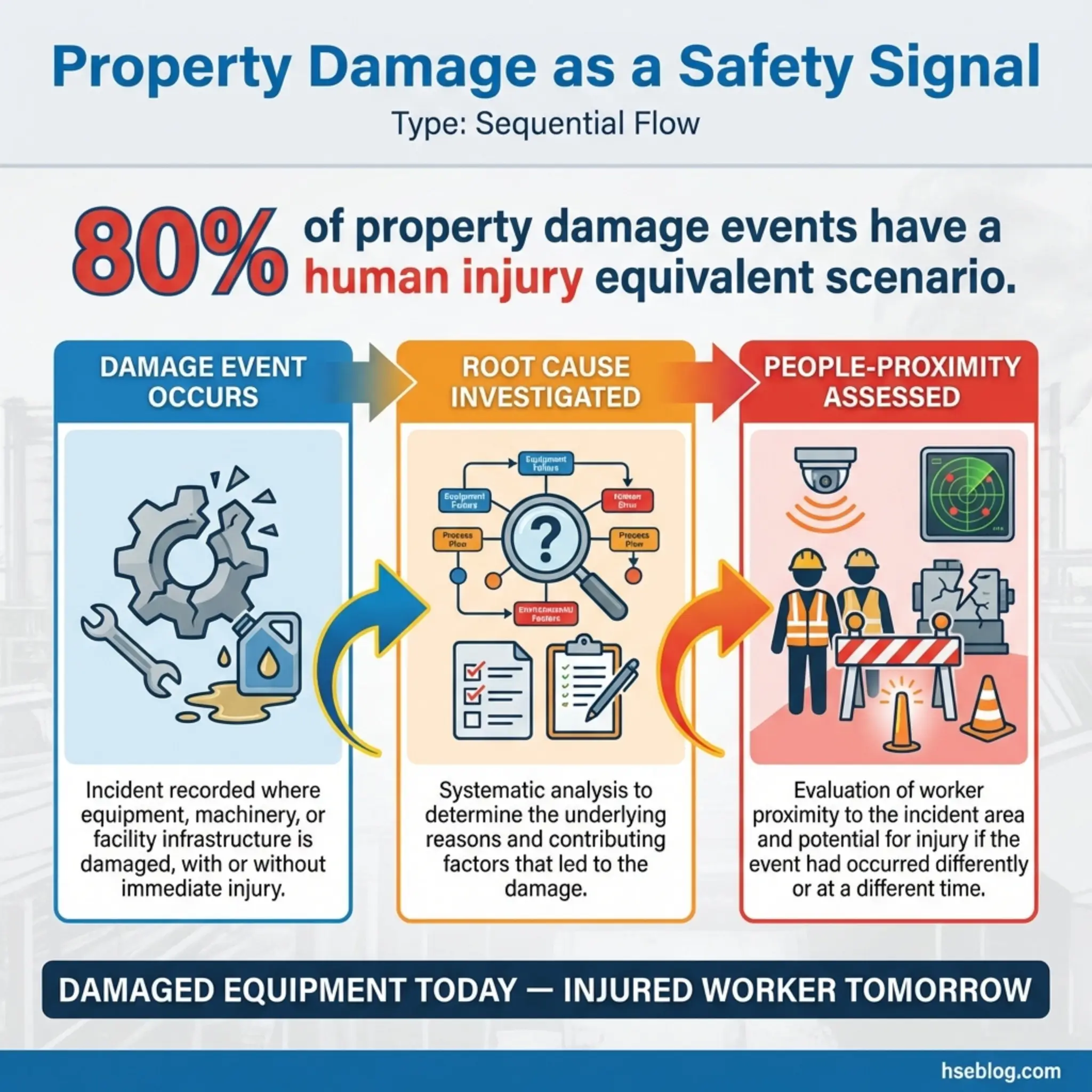 Infographic showing three-step sequential flow of property damage as a safety signal: damage event occurrence, root cause investigation, and people-proximity assessment.
