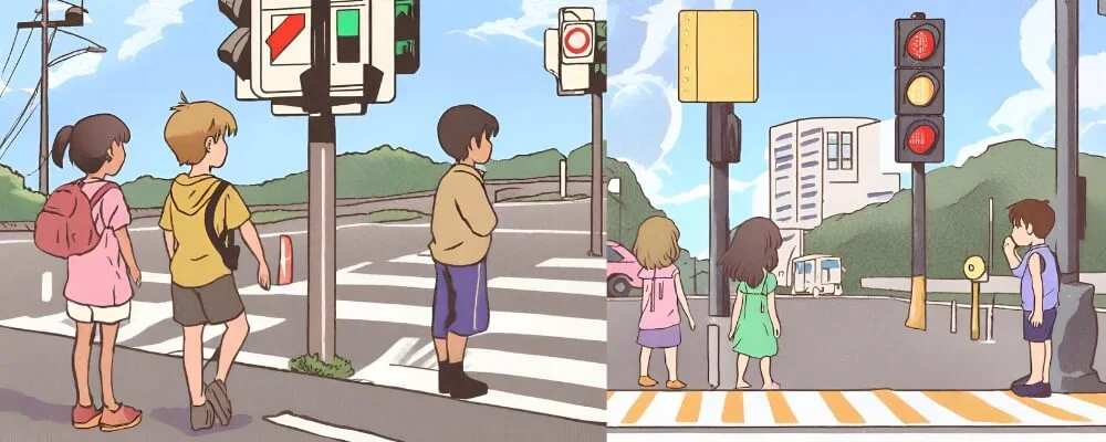 Road safety rules for children set. Kids crossing street along