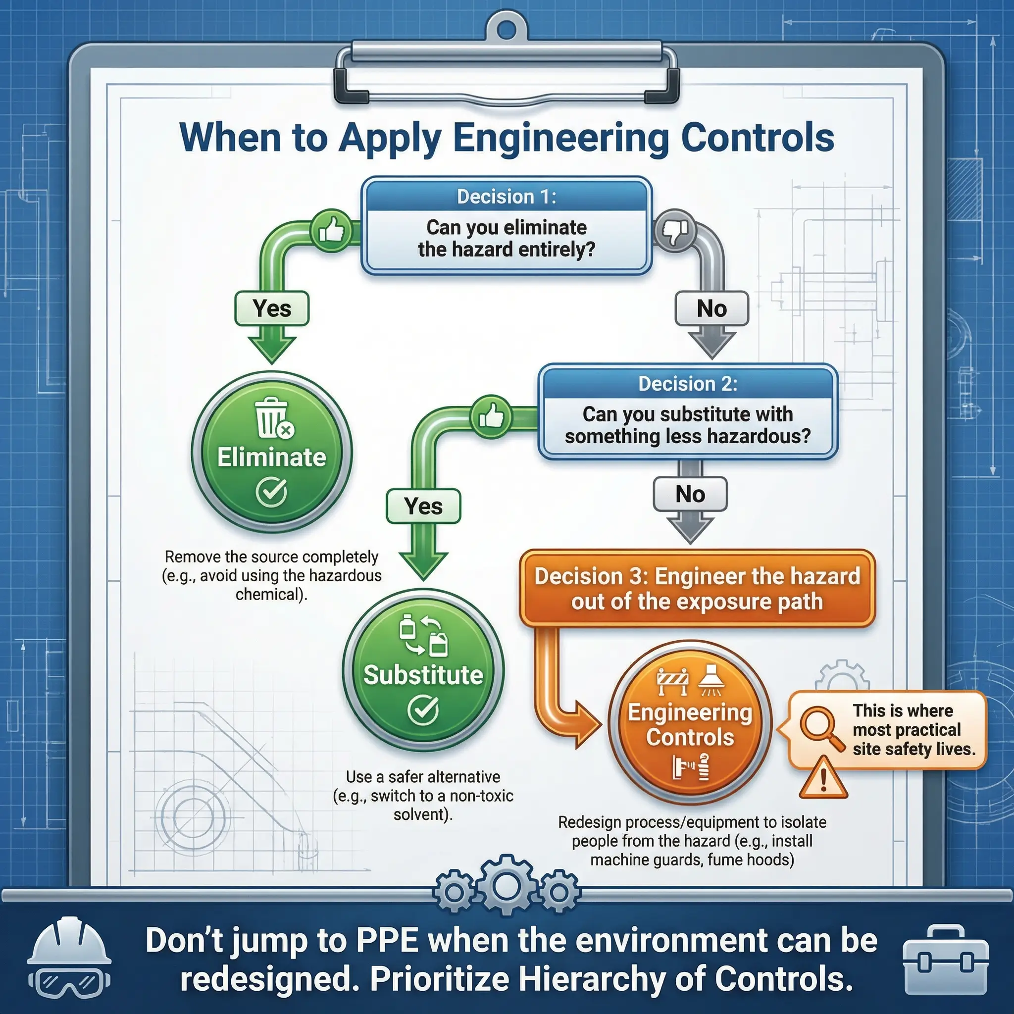 Flowchart showing the hierarchy of controls decision tree for eliminating workplace hazards through elimination, substitution, and engineering controls.