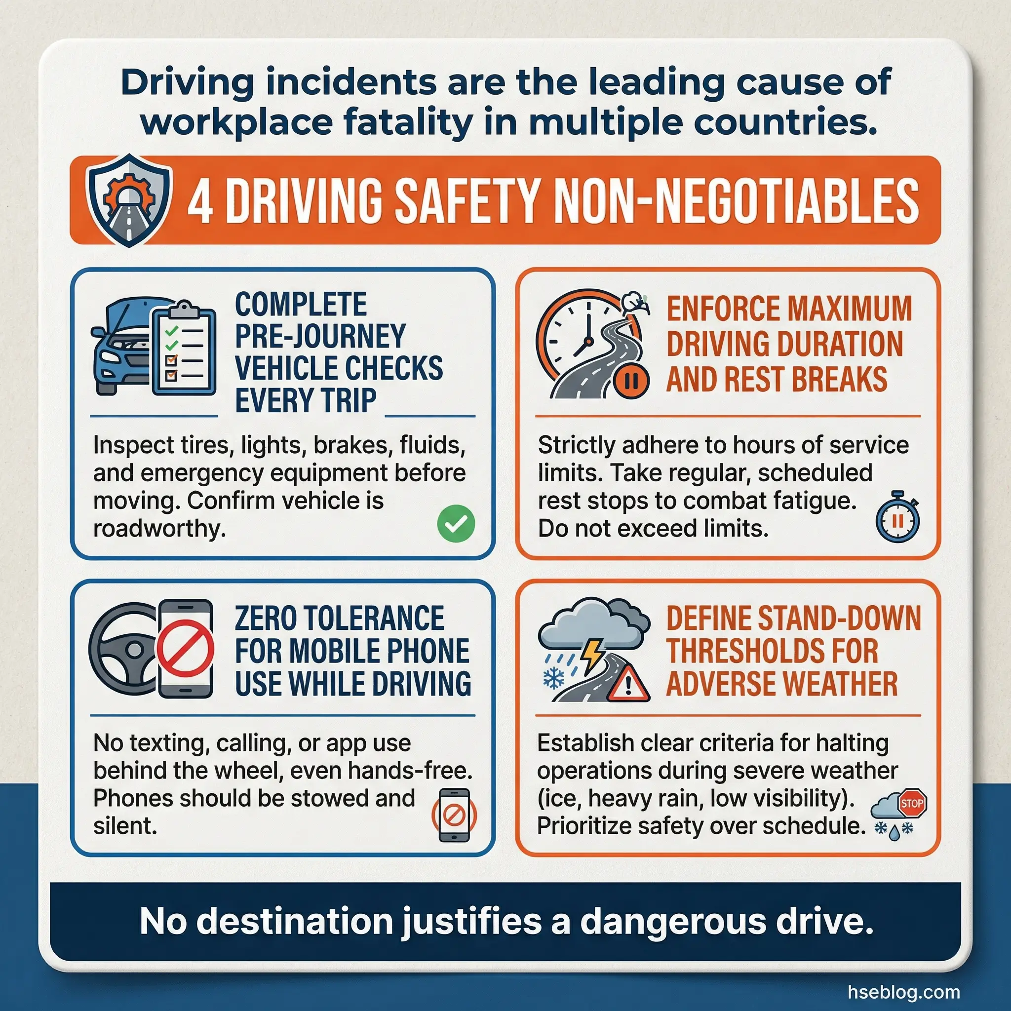 Infographic presenting four driving safety non-negotiables as a visual safety card — completing pre-journey vehicle checks every trip, enforcing maximum driving duration and rest breaks, zero tolerance for mobile phone use while driving, and defining stand-down thresholds for adverse weather — with a stat that driving incidents are the leading cause of workplace fatality in multiple countries.