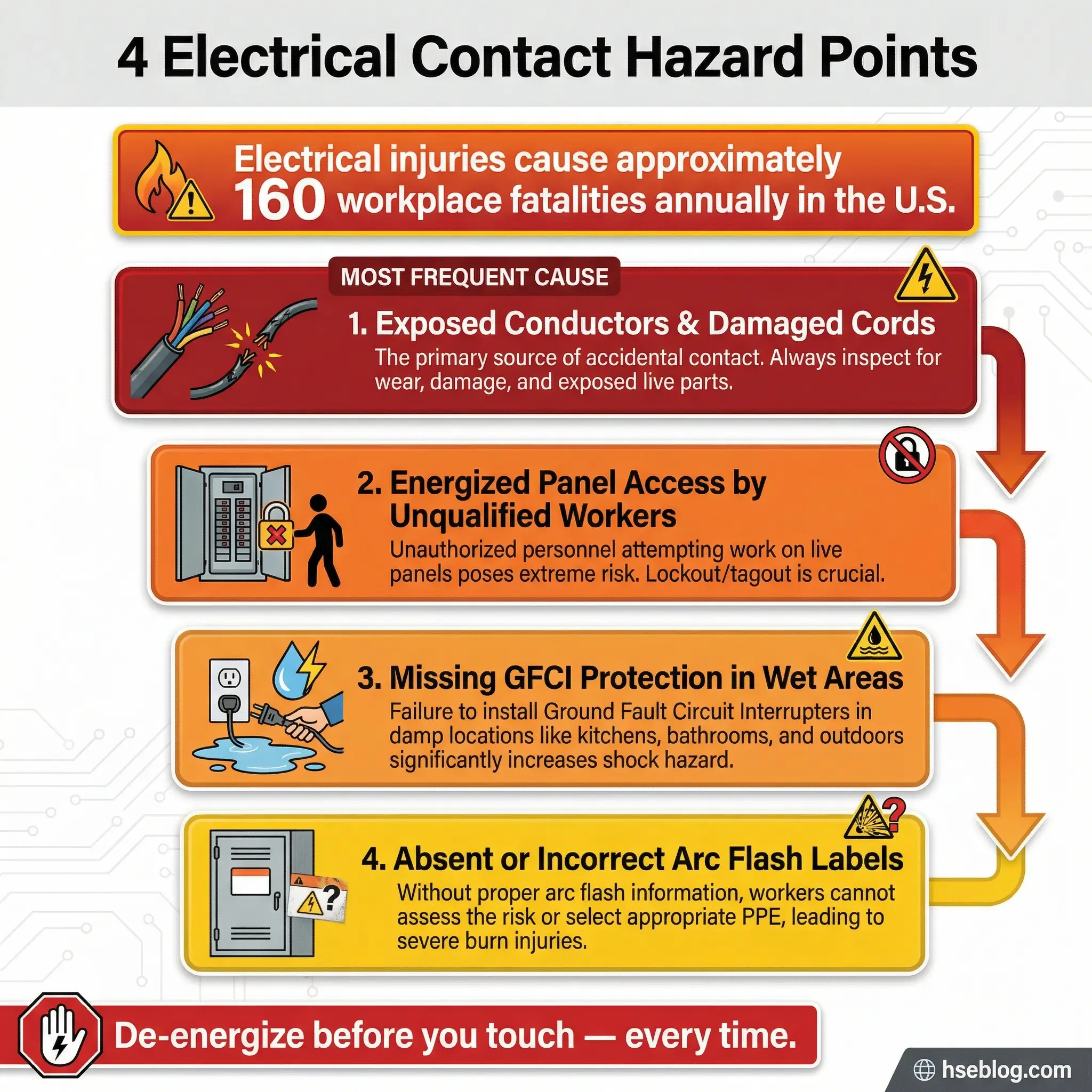 Infographic showing four electrical contact hazard points ranked by severity — exposed conductors and damaged cords, energized panel access by unqualified workers, missing GFCI protection in wet areas, and absent arc flash labels — with a stat of approximately 160 electrical workplace fatalities annually in the US.