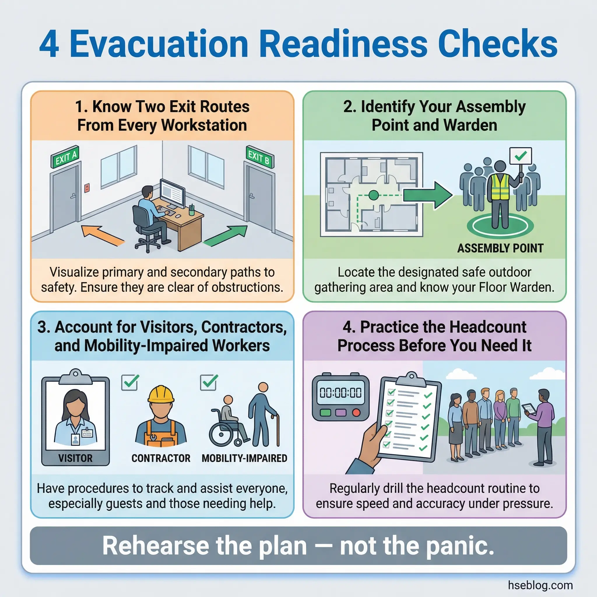 Infographic presenting four evacuation readiness checks as a visual action card — knowing two exit routes from every workstation, identifying assembly point and warden, accounting for visitors and mobility-impaired workers, and practicing the headcount process.