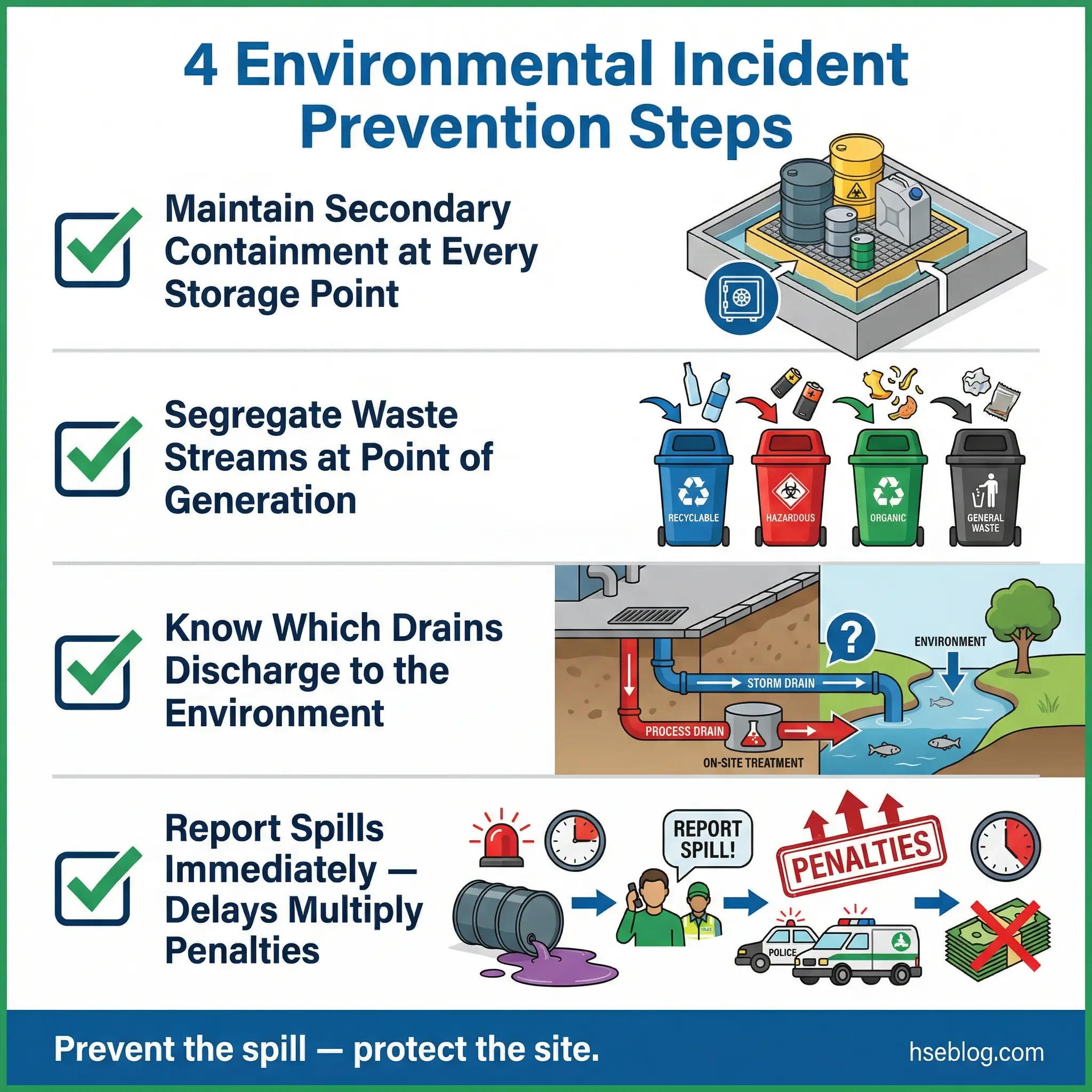 Infographic presenting four environmental incident prevention steps as a visual checklist — maintaining secondary containment, segregating waste streams at generation point, knowing which drains discharge to the environment, and reporting spills immediately.