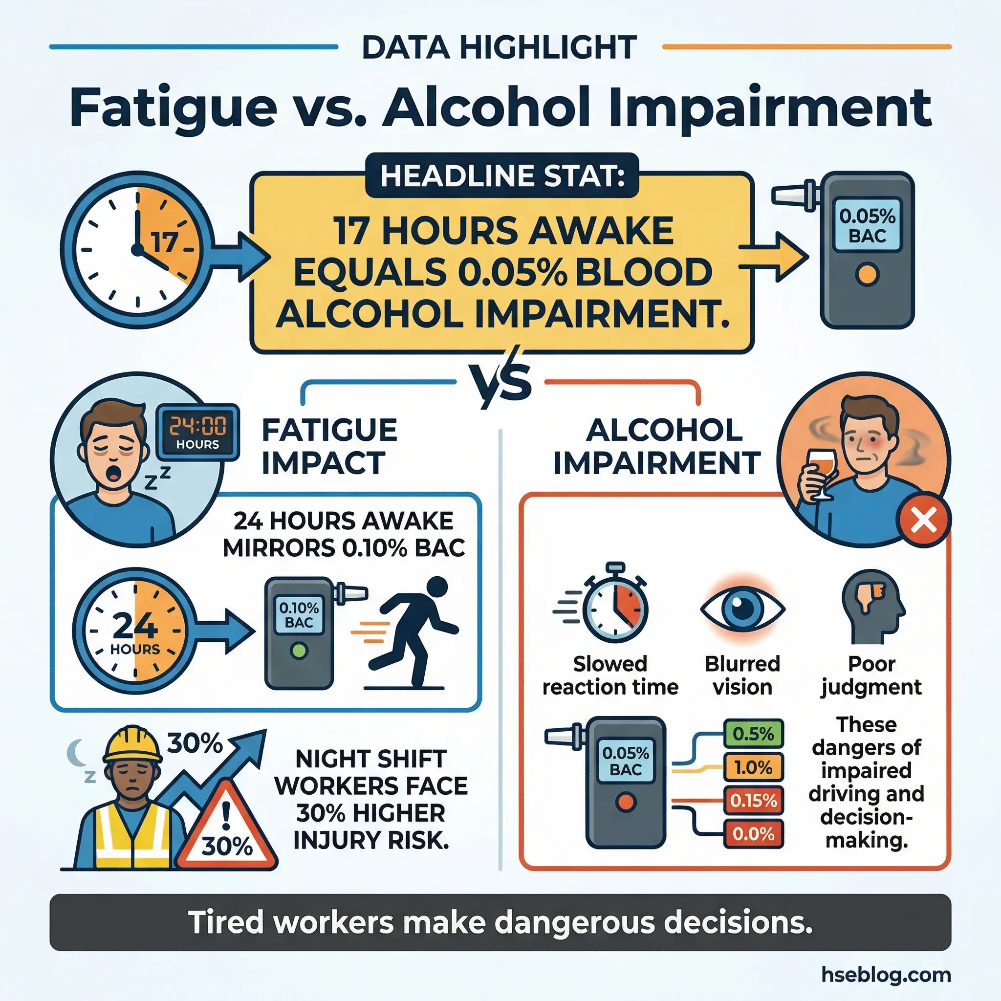 Infographic comparing fatigue impairment to alcohol impairment with headline stat showing 17 hours awake equals 0.05 percent blood alcohol level and supporting data that 24 hours awake mirrors 0.10 percent BAC and night shift workers face 30 percent higher injury risk.
