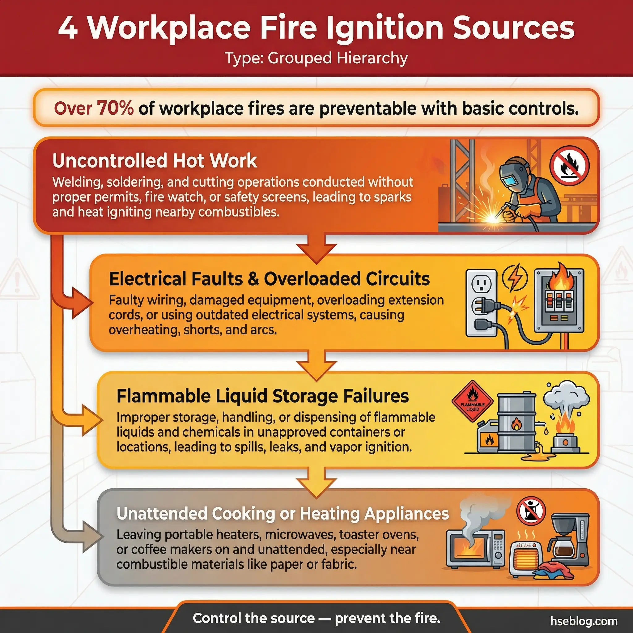Infographic showing four workplace fire ignition sources ranked by frequency — uncontrolled hot work, electrical faults and overloaded circuits, flammable liquid storage failures, and unattended cooking or heating appliances — with a stat that over 70 percent of workplace fires are preventable.