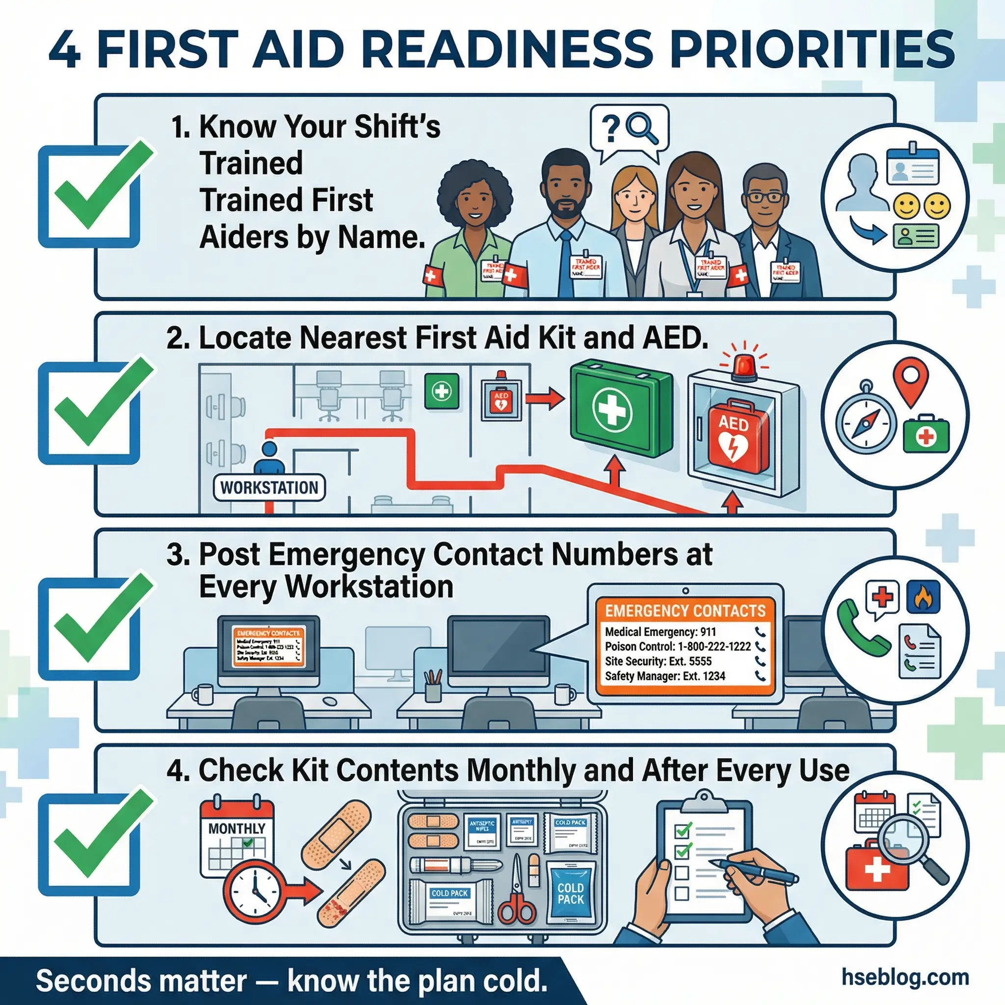 Infographic displaying four first aid readiness priorities as a checklist — knowing the shift's trained first aiders by name, locating the nearest first aid kit and AED, posting emergency contact numbers at every workstation, and checking kit contents monthly.