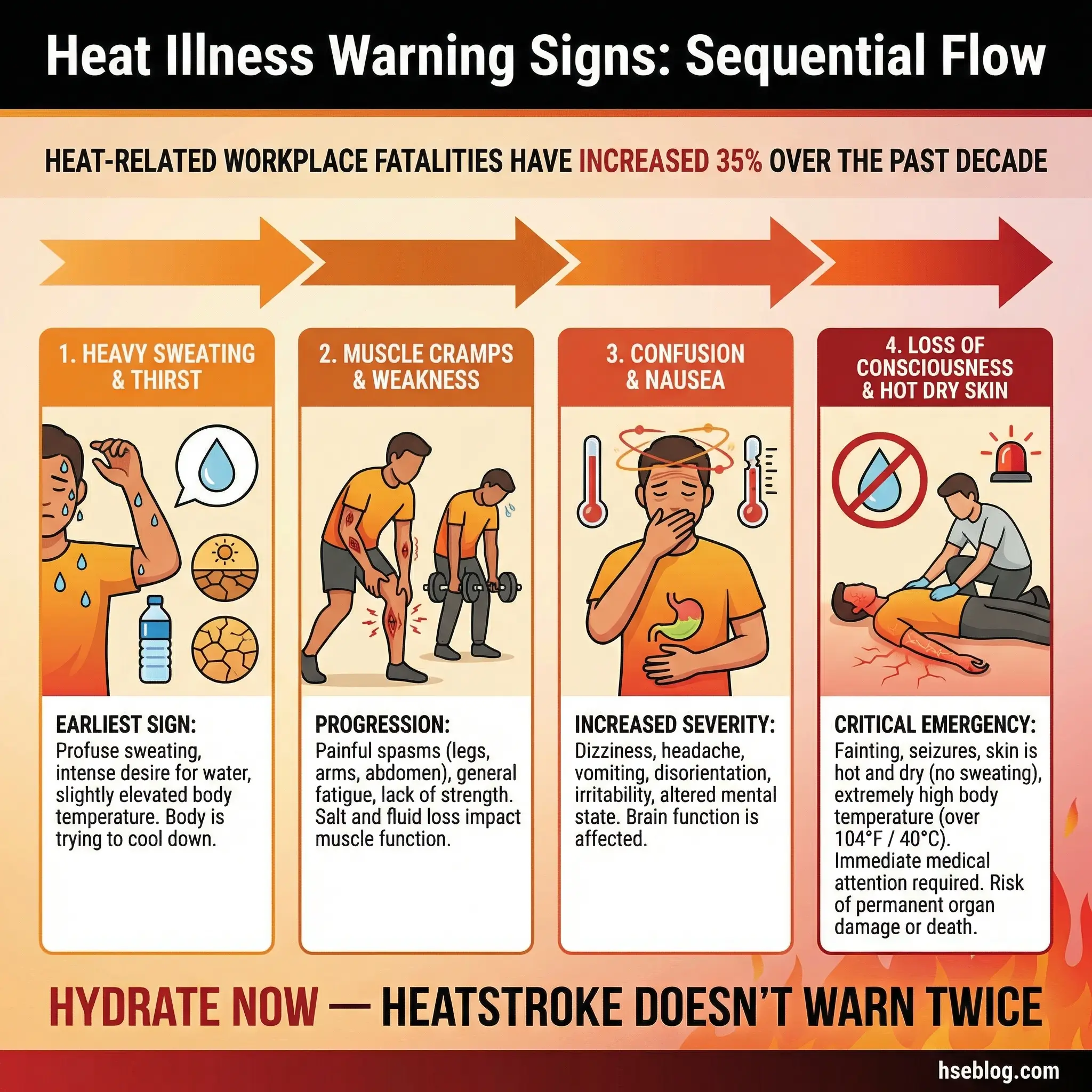 Infographic showing four progressive stages of heat illness warning signs from heavy sweating and thirst to muscle cramps then confusion and nausea and finally loss of consciousness and hot dry skin — with a stat that heat-related workplace fatalities have increased 35 percent over the past decade.