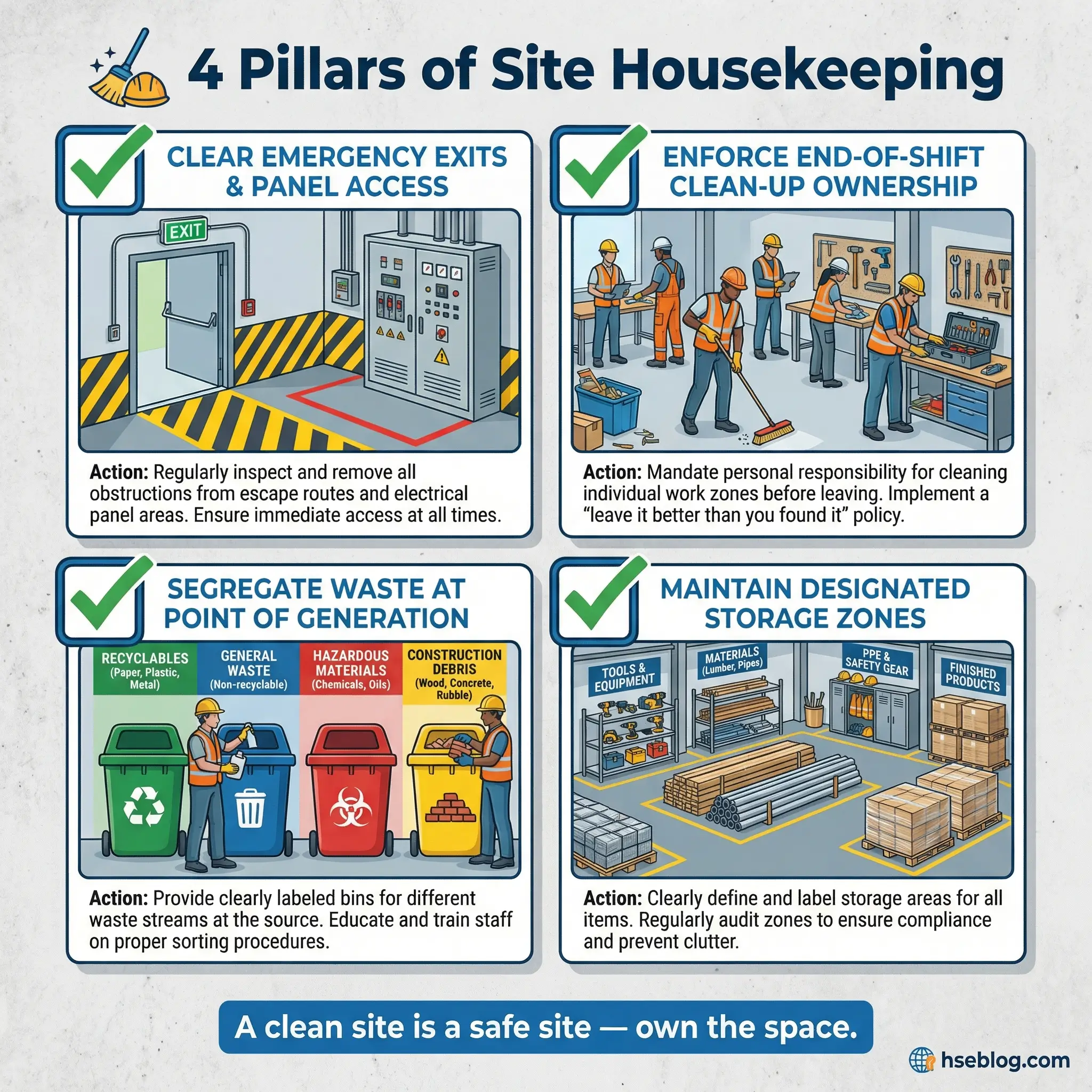 Infographic presenting four pillars of effective site housekeeping as a visual checklist — clearing emergency exits, enforcing end-of-shift clean-up ownership, segregating waste at point of generation, and maintaining designated storage zones.