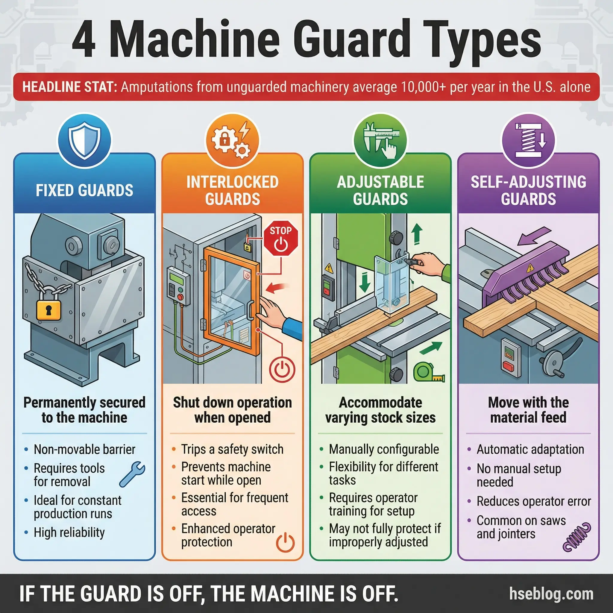 Infographic comparing four types of machine guards side by side — fixed guards, interlocked guards, adjustable guards, and self-adjusting guards — with a headline stat that machinery amputations exceed 10,000 per year in the United States.