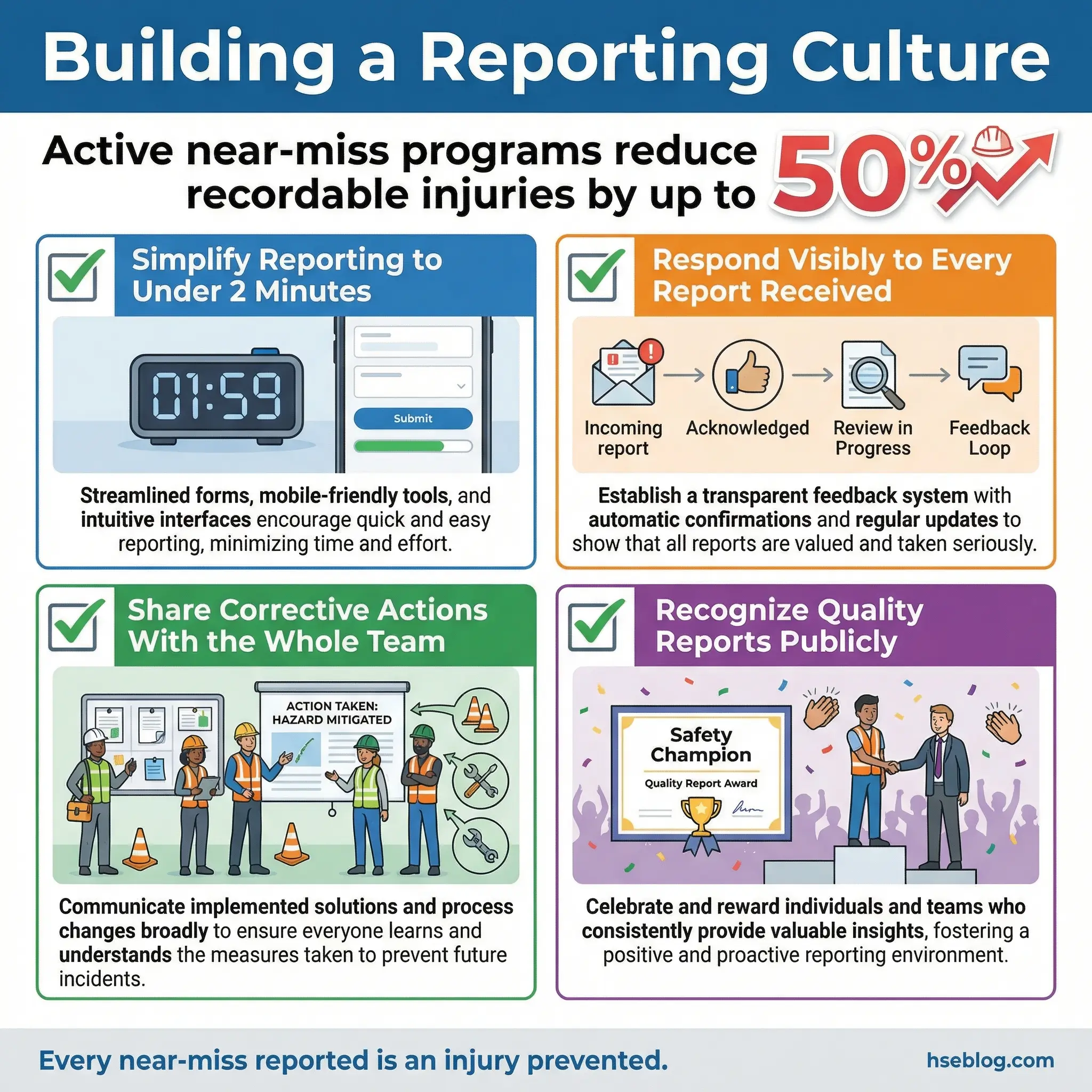 Infographic presenting four actions for building a near-miss reporting culture as a visual checklist — simplifying reporting to under two minutes, responding visibly to every report, sharing corrective actions with the team, and recognizing quality reports publicly — with a stat that active programs reduce injuries by up to 50 percent.