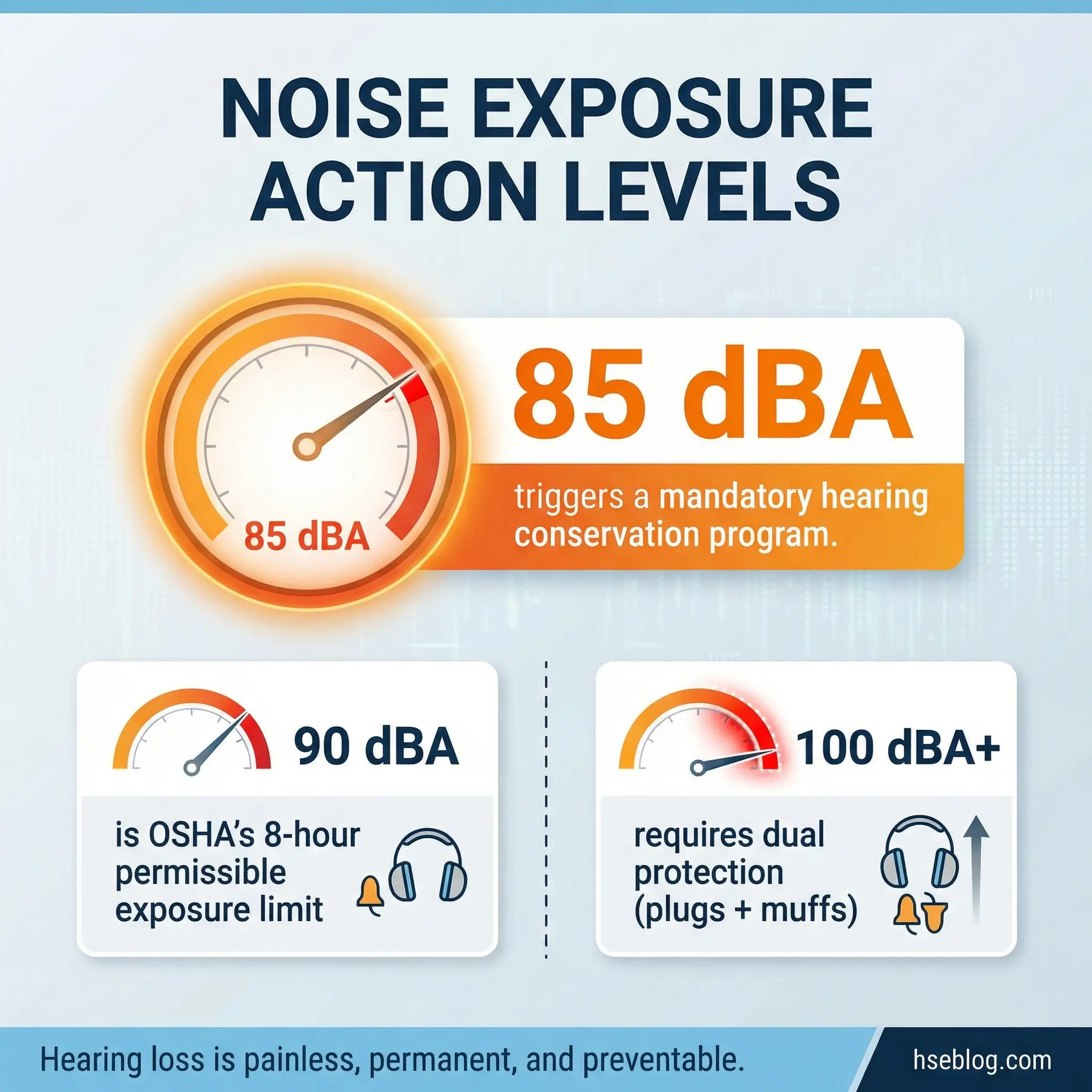 Infographic highlighting workplace noise exposure action levels with a headline stat of 85 dBA triggering a mandatory hearing conservation program and supporting data showing 90 dBA as OSHA's permissible exposure limit and 100 dBA requiring dual hearing protection.