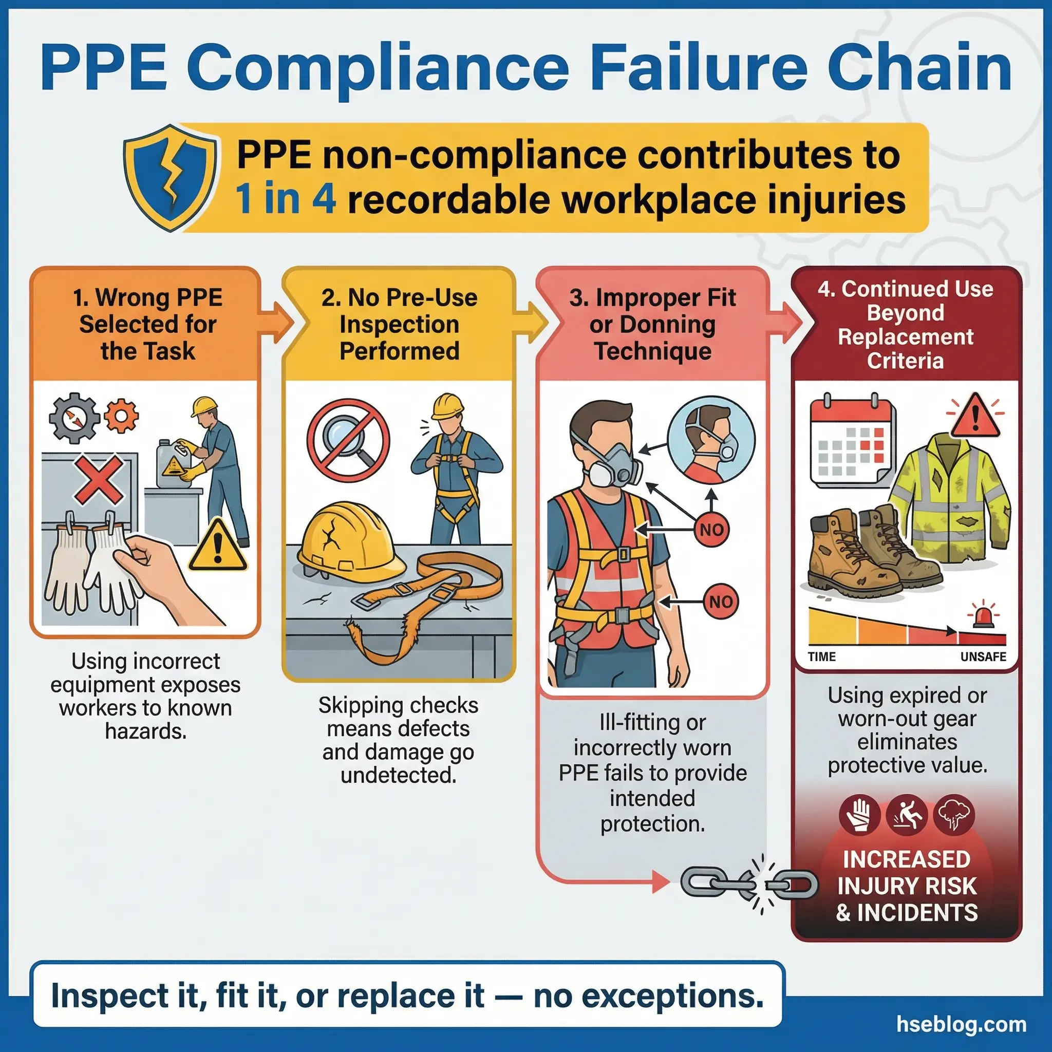 Infographic illustrating the PPE compliance failure chain in four sequential stages — wrong PPE selected for the task, no pre-use inspection performed, improper fit or donning technique, and continued use beyond replacement criteria — with a stat that PPE non-compliance contributes to 1 in 4 recordable injuries.