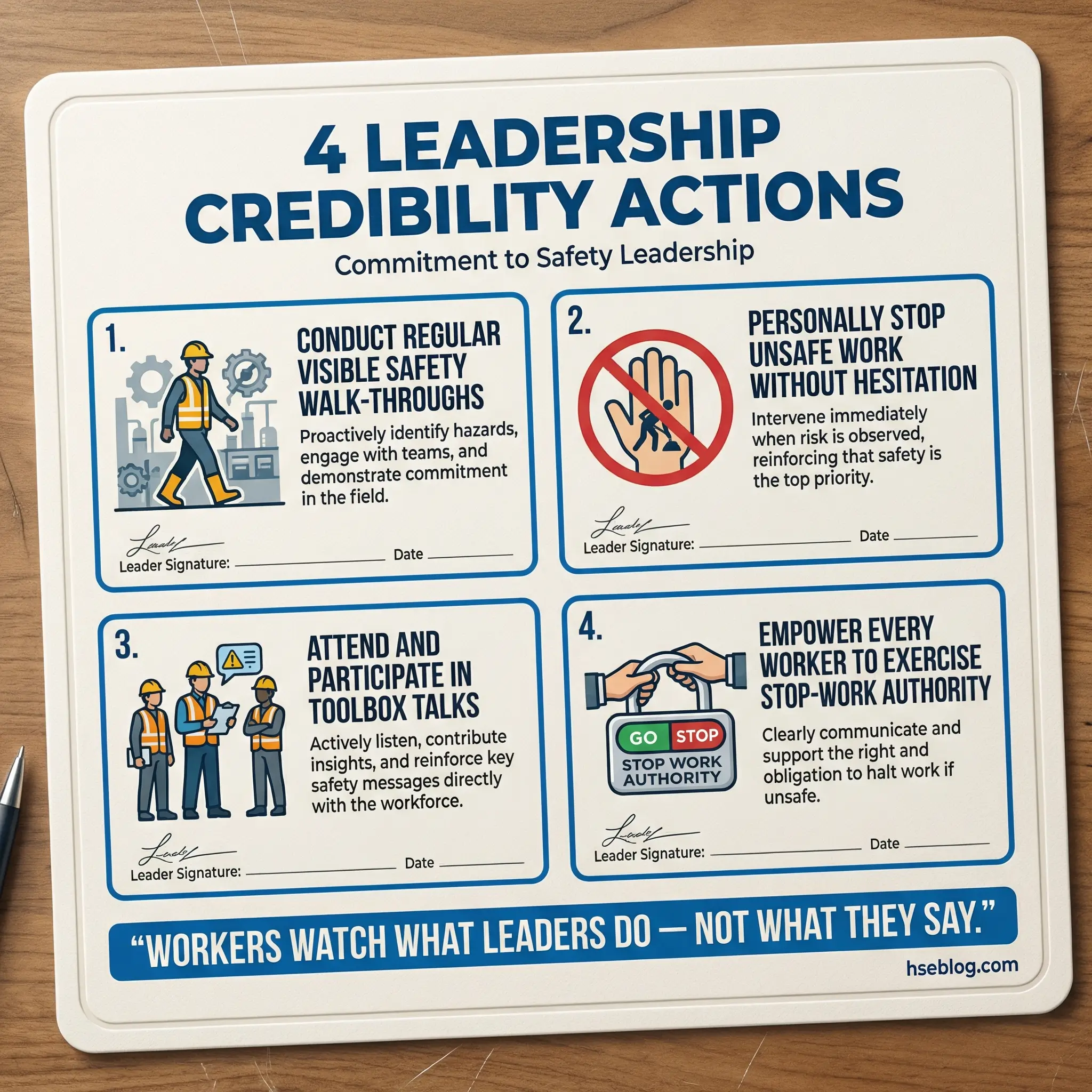 Infographic displaying four leadership credibility actions as a visual commitment card — conducting regular visible safety walk-throughs, personally stopping unsafe work, attending and participating in toolbox talks, and empowering every worker to exercise stop-work authority.