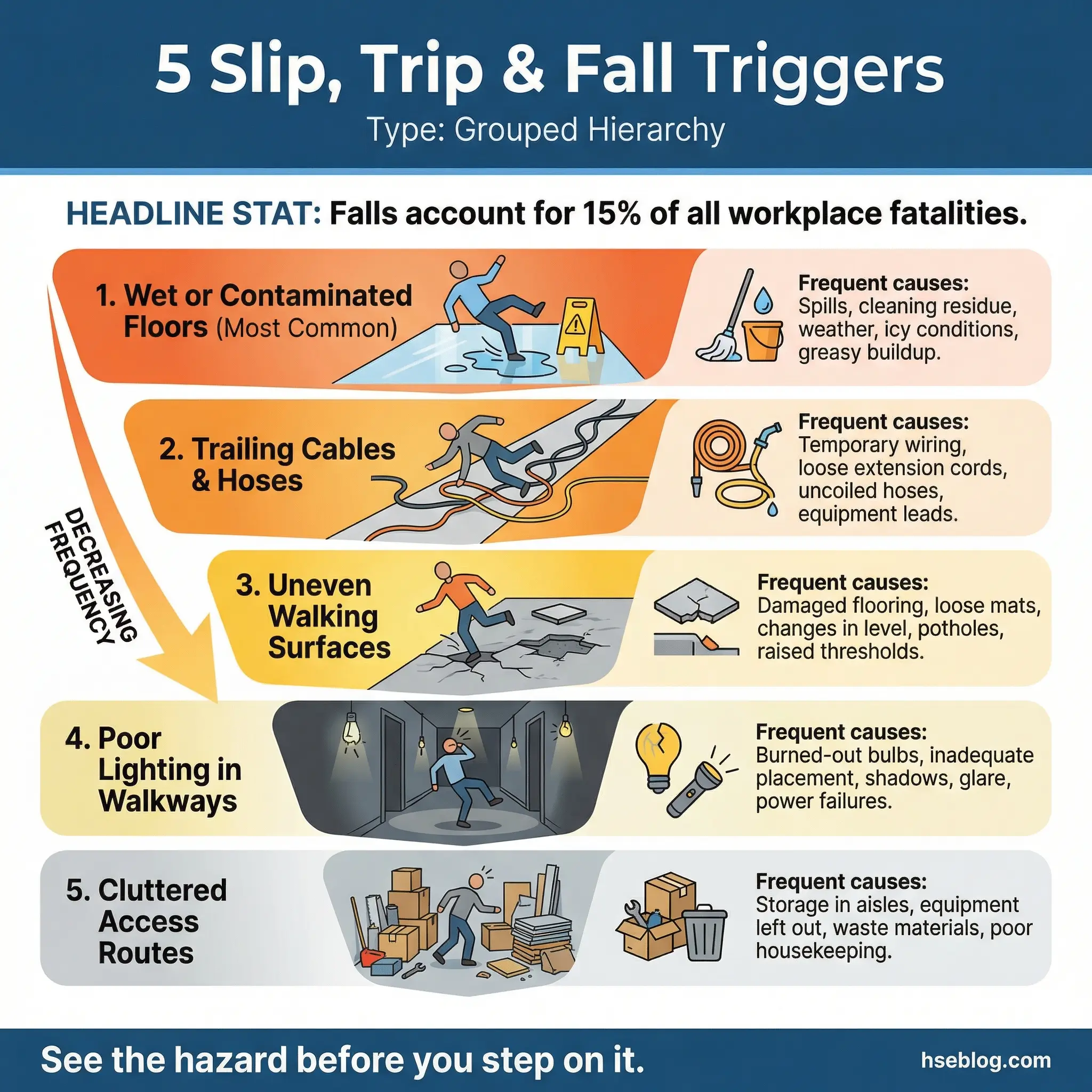 Infographic displaying five common slip trip and fall triggers in the workplace ranked by frequency — wet floors, trailing cables, uneven surfaces, poor lighting, and cluttered access routes — with a headline stat that falls account for 15 percent of all workplace fatalities.
