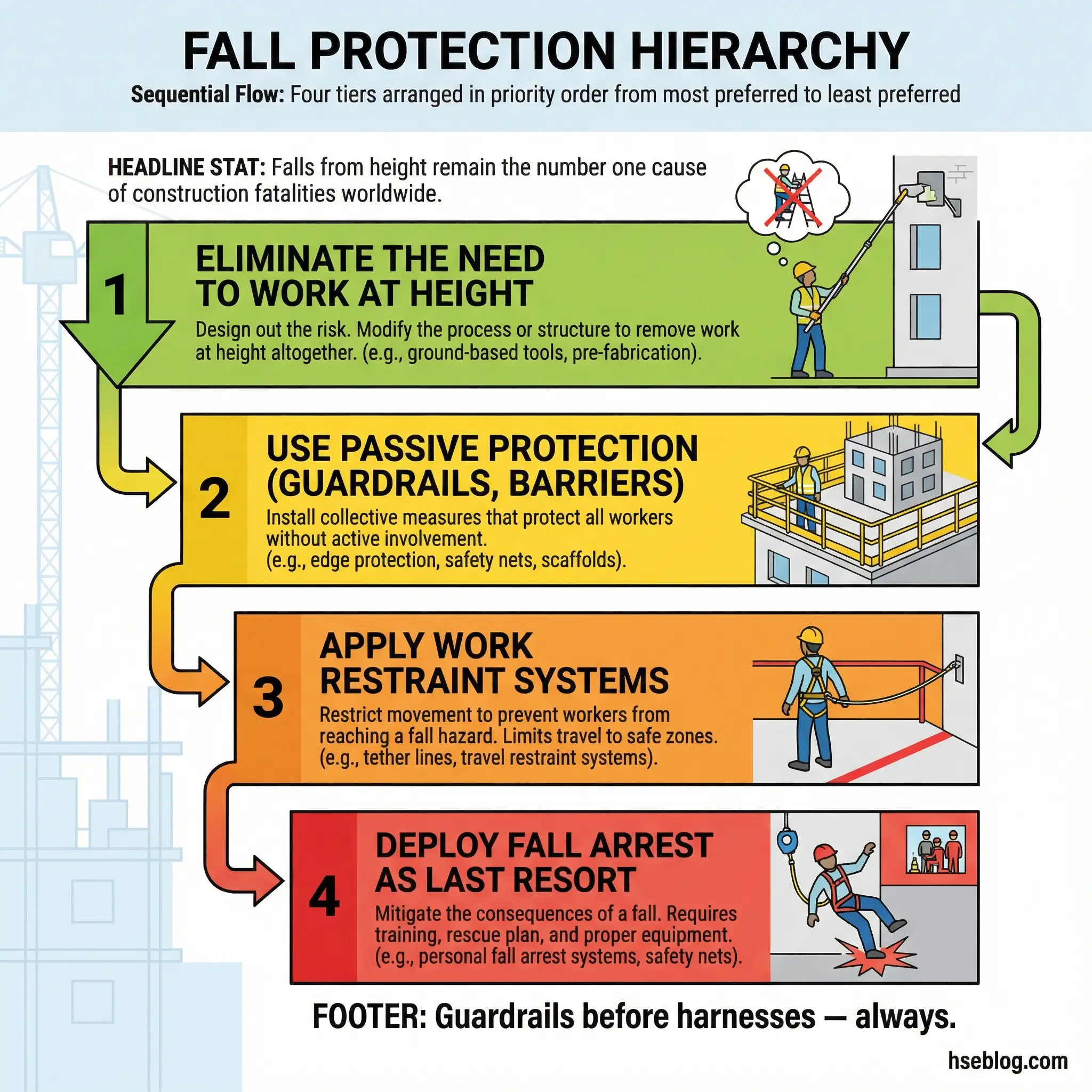 Infographic illustrating the fall protection hierarchy in four priority tiers from most preferred to least preferred — eliminate height work, use passive protection like guardrails, apply work restraint systems, and deploy fall arrest as last resort.