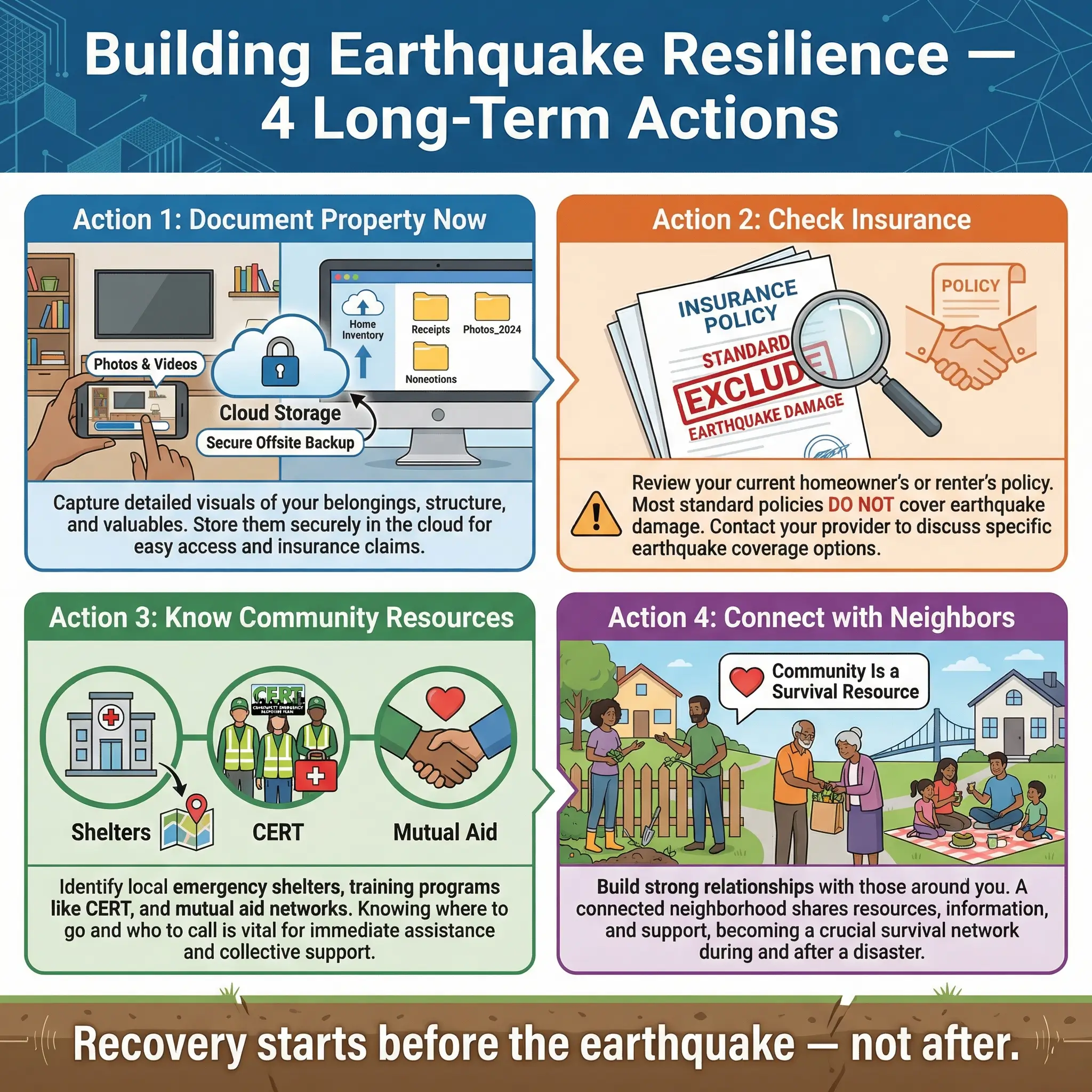 Infographic detailing 4 long-term earthquake resilience actions: documenting property, checking insurance, and building community networks.