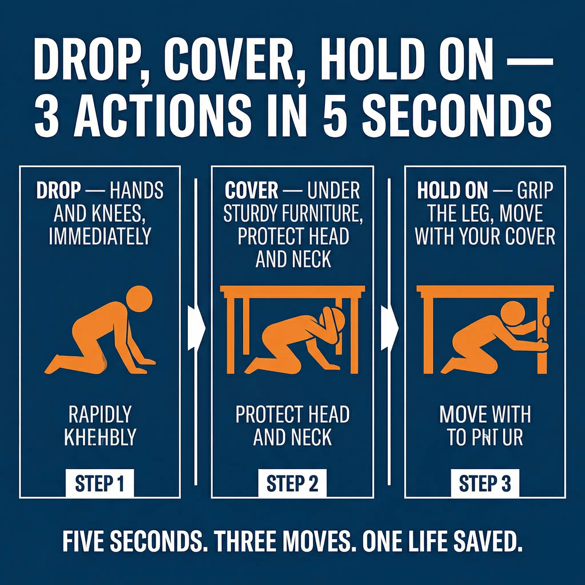Infographic demonstrating the "Drop, Cover, and Hold On" response protocol: drop to knees, cover head under furniture, and hold on securely.