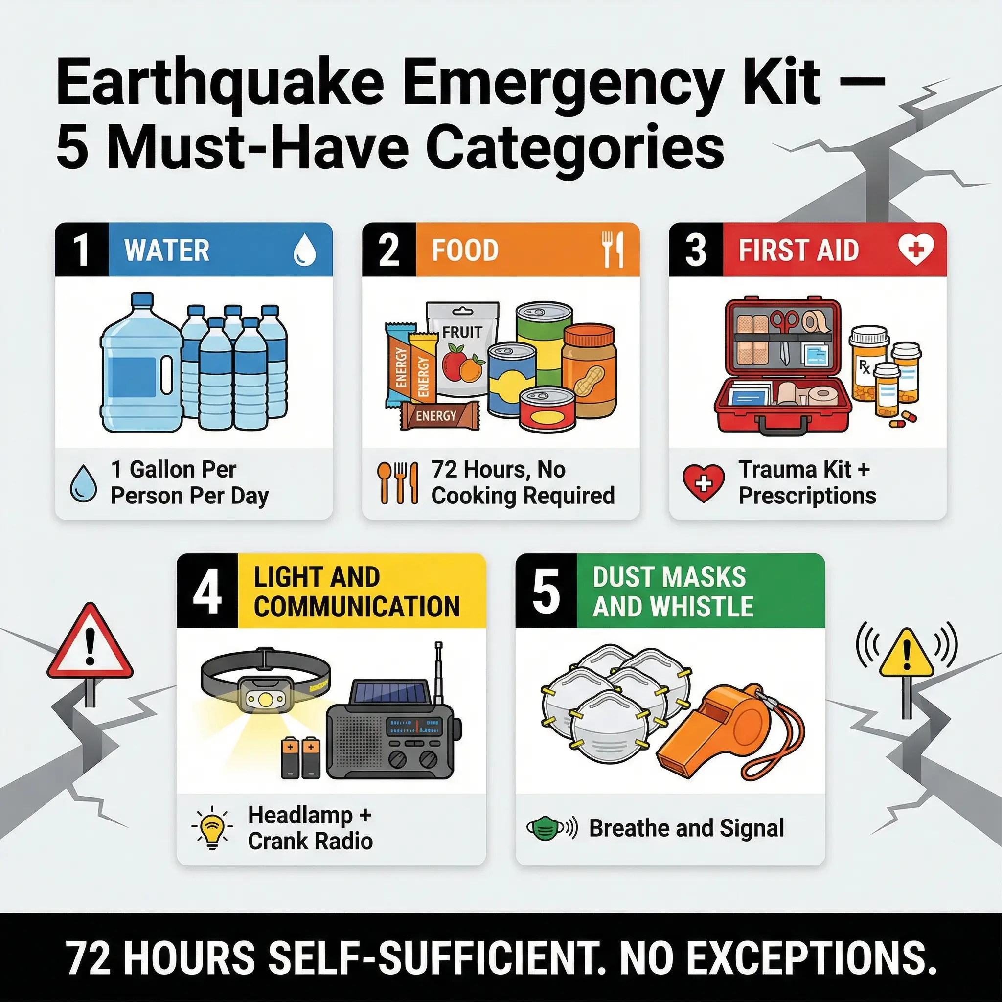 Infographic outlining a 72-hour earthquake emergency kit with 5 categories: water, non-perishable food, first aid, light/radio, and masks.