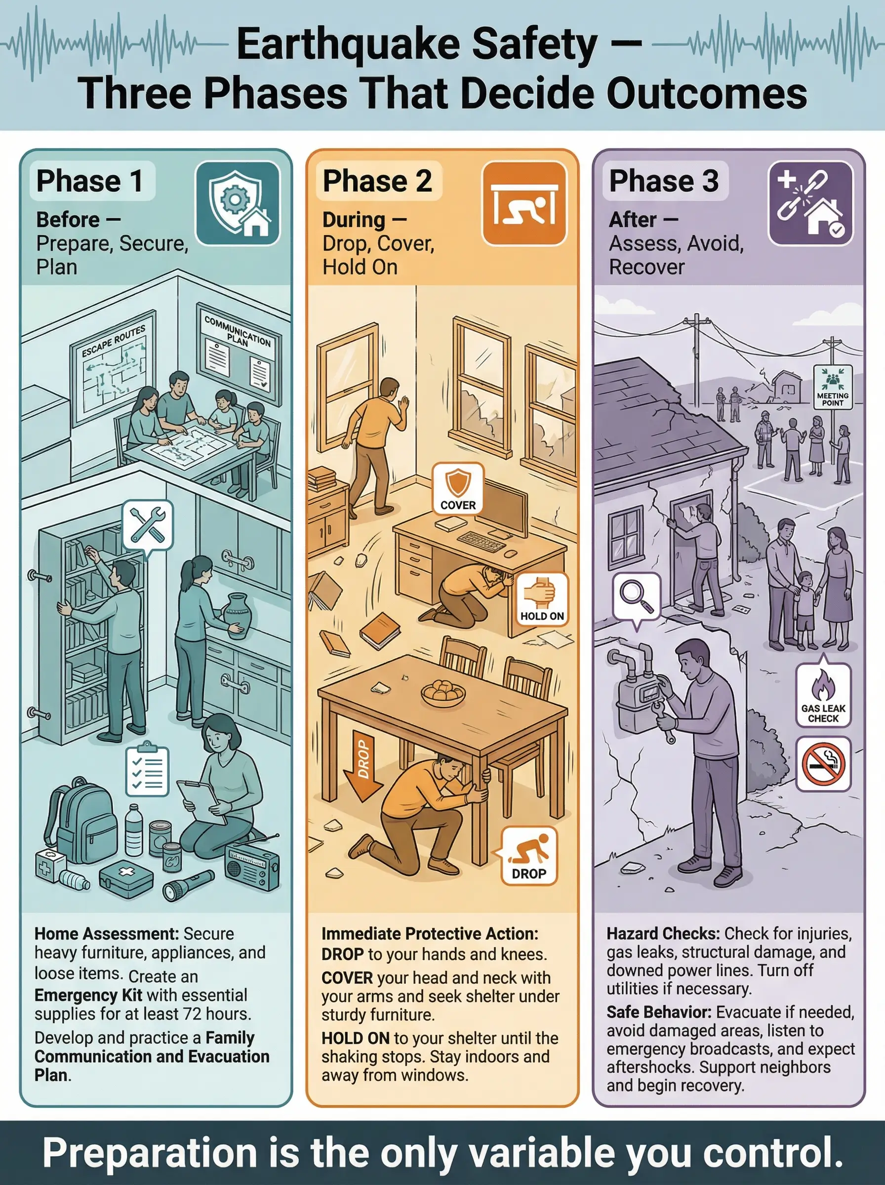 Infographic outlining 3 earthquake safety phases: Before (prepare/secure), During (drop/cover/hold on), and After (assess hazards/evacuate).