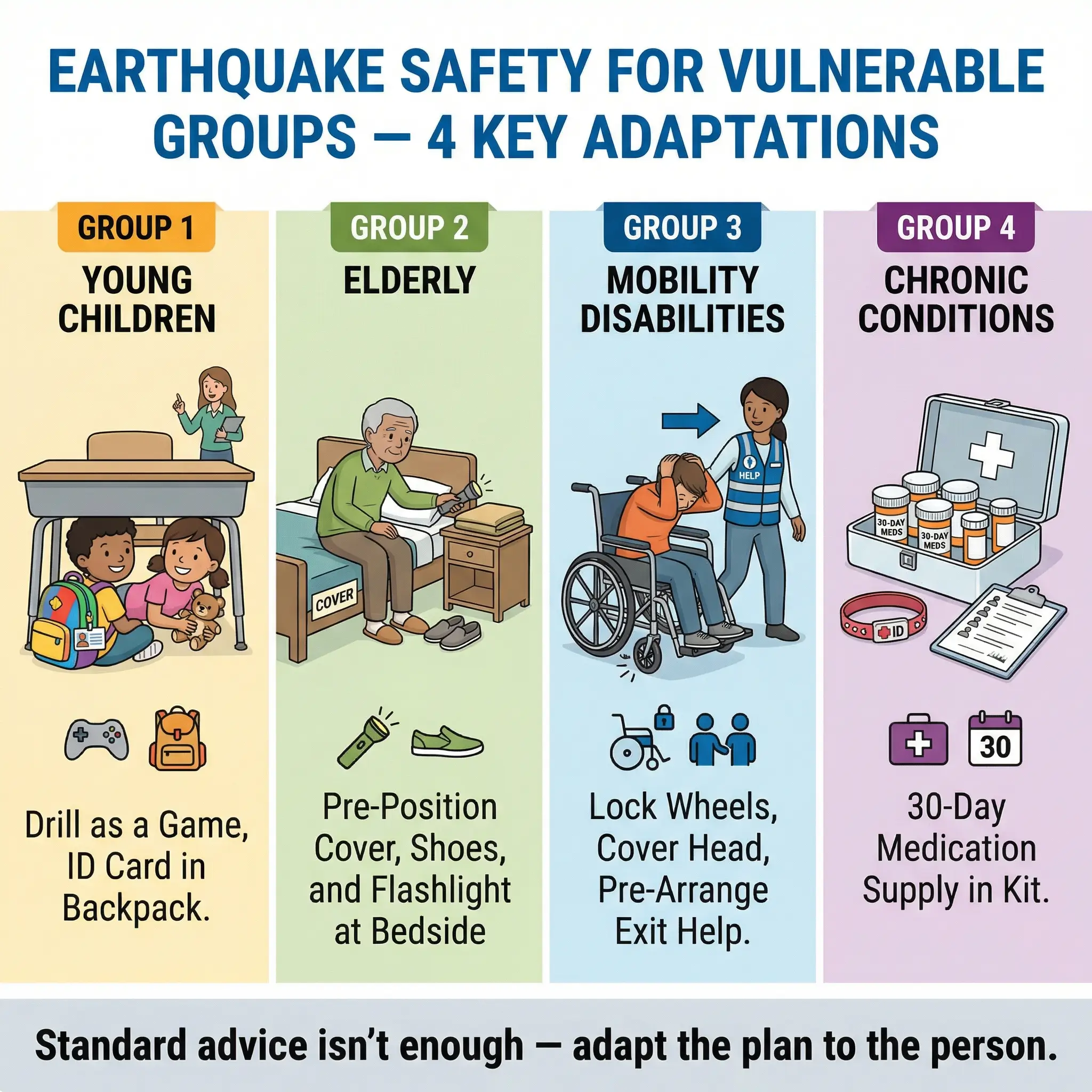 Infographic showing earthquake safety adaptations for vulnerable groups: young children, the elderly, mobility-impaired, and chronic conditions.