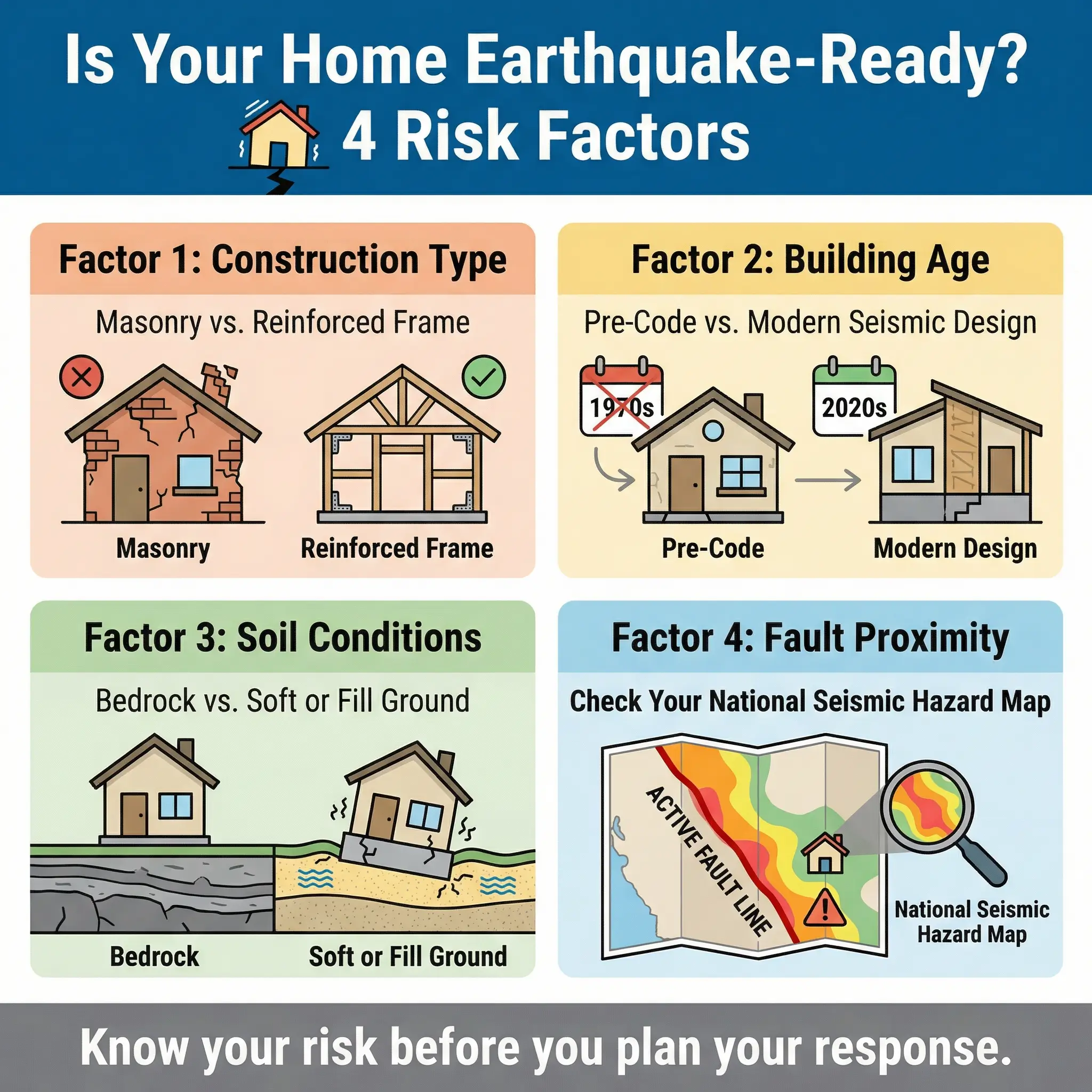 Infographic detailing 4 home earthquake risk factors: construction type (masonry vs frame), building age, soil conditions, and fault proximity.