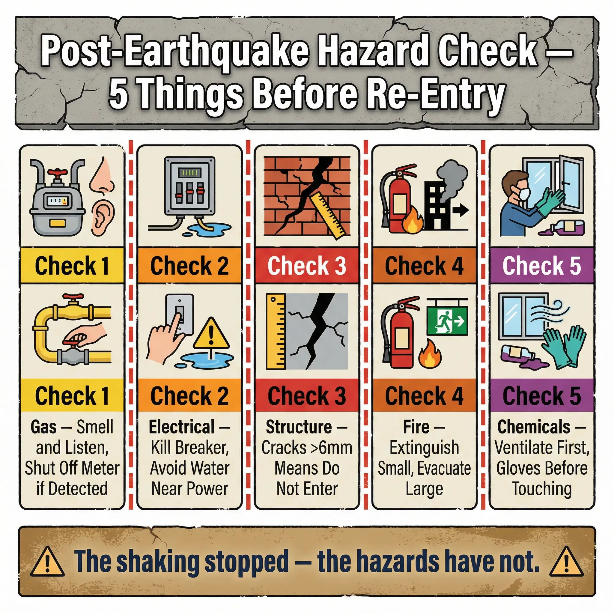 Infographic listing 5 post-earthquake hazard checks before re-entry: inspecting gas, electrical, structural damage, fire, and chemical spills.