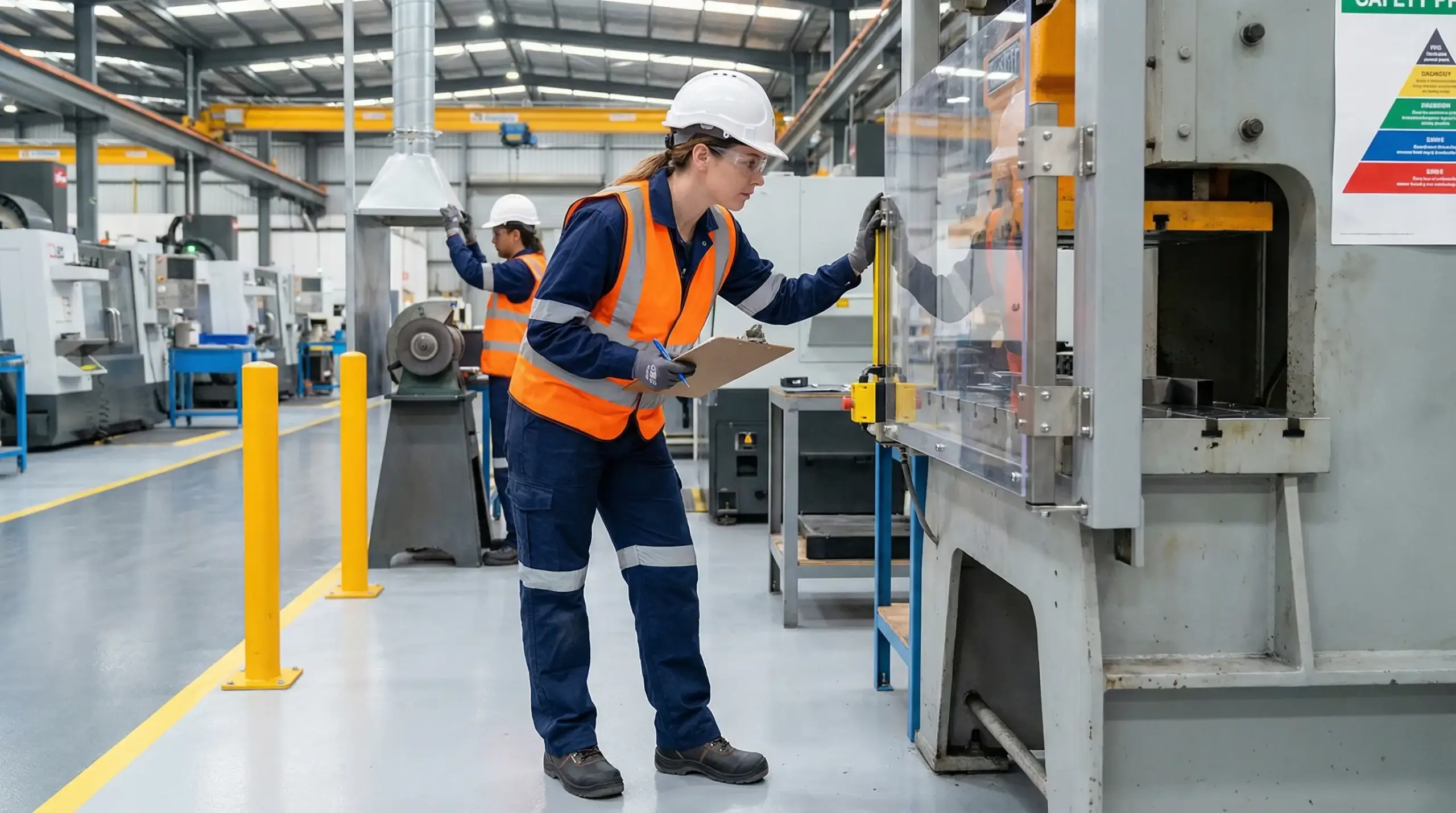 Factory worker in safety gear inspecting industrial machinery on manufacturing floor with equipment and yellow safety markings.