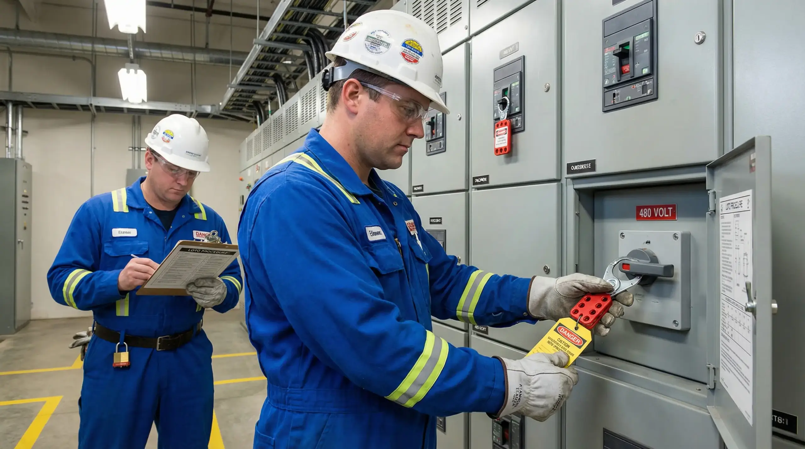 Two electricians in blue safety gear perform maintenance on a 480-volt electrical panel in an industrial facility.