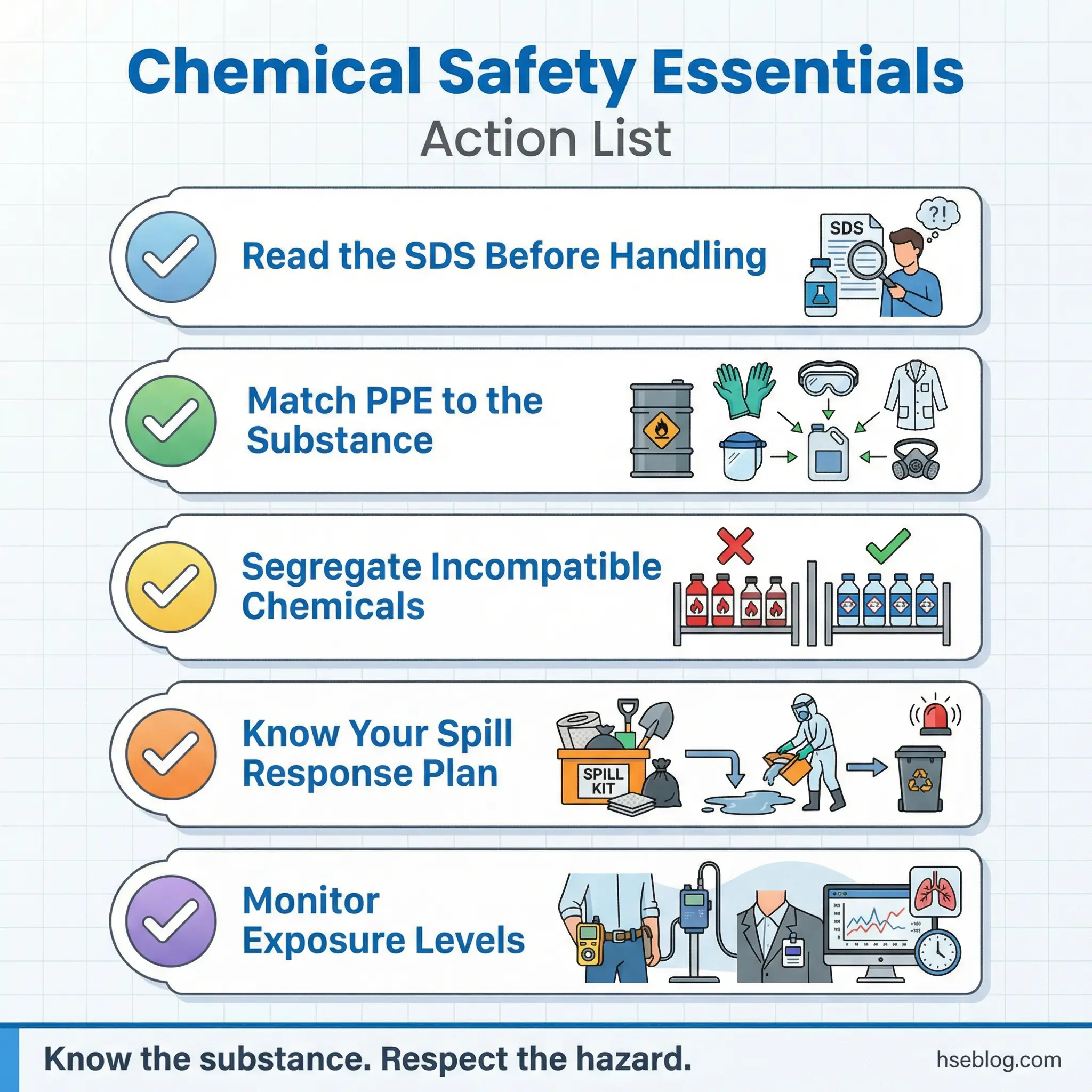 Infographic showing six essential chemical safety steps: read SDS, match PPE, segregate incompatible chemicals, know spill response, and monitor exposure levels.