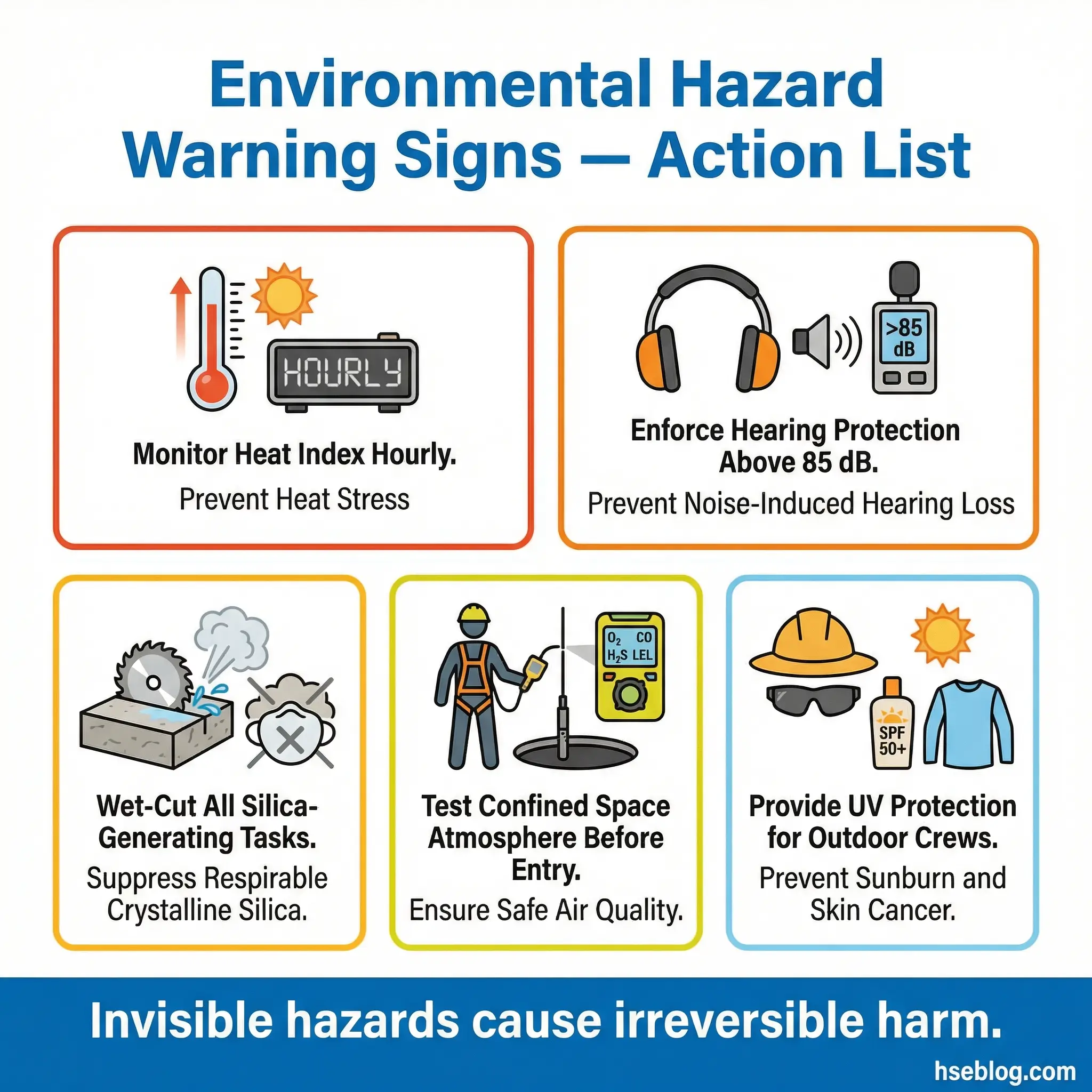 Five environmental hazard warning signs with action items for heat stress, hearing loss, silica exposure, confined spaces, and UV protection.