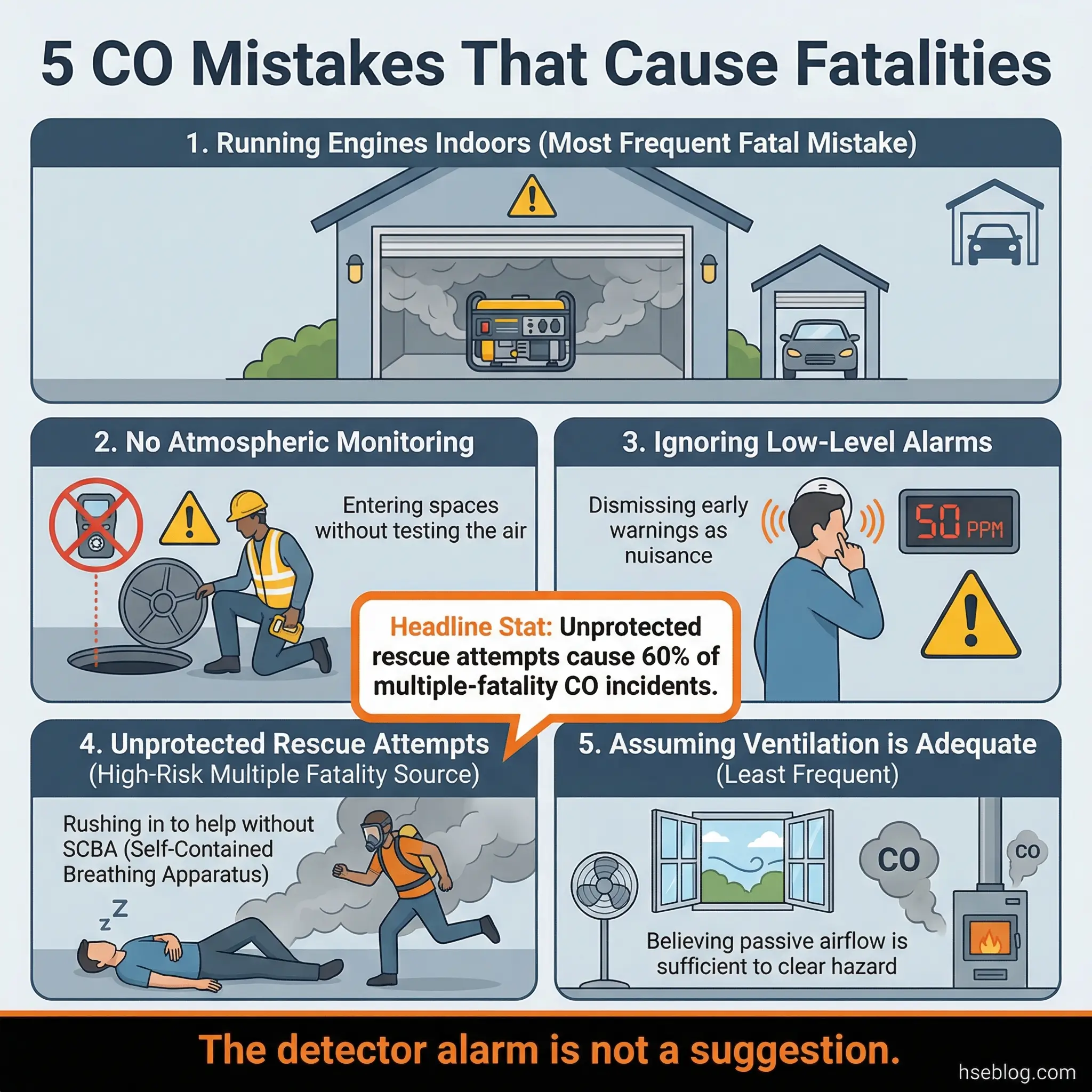 Infographic showing five critical carbon monoxide safety mistakes in confined spaces, including running engines indoors, skipping air monitoring, ignoring alarms, unprotected rescues, and assuming ventilation is adequate.
