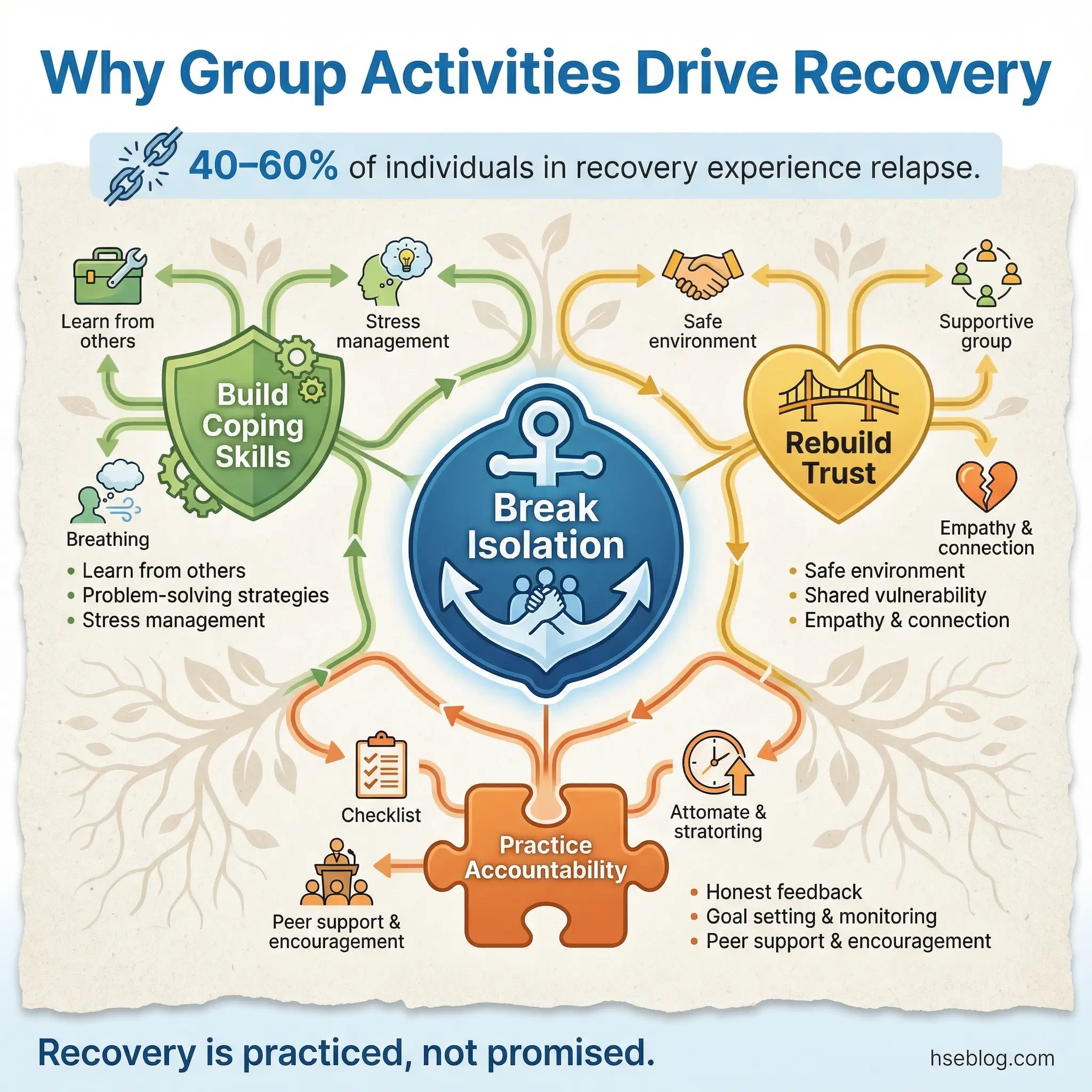 Infographic showing how group activities support recovery by breaking isolation through five interconnected elements: building coping skills, rebuilding trust, practicing accountability, and learning stress management with peer support.