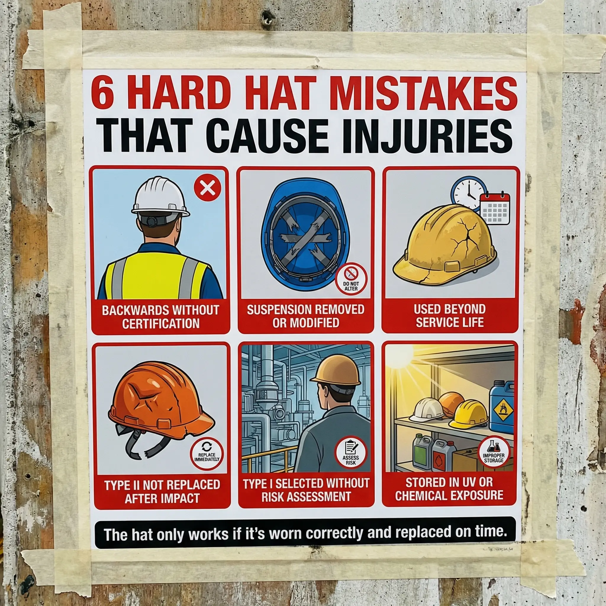 Safety poster showing six common hard hat mistakes that cause workplace injuries, including improper wearing, suspension removal, expired use, impact damage, incorrect selection, and poor storage.
