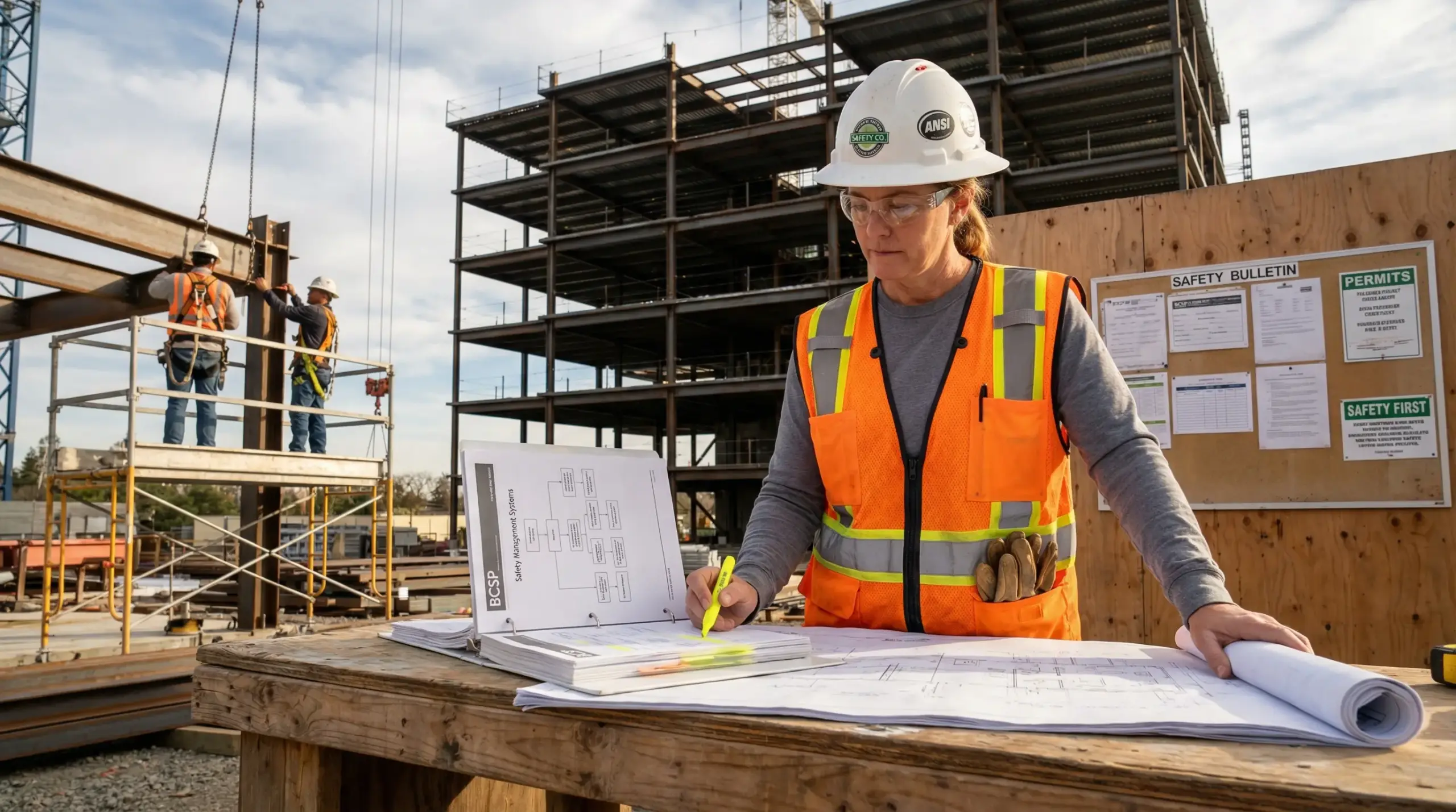 Construction supervisor in safety vest and hard hat reviews blueprints at job site with steel framework building in background.