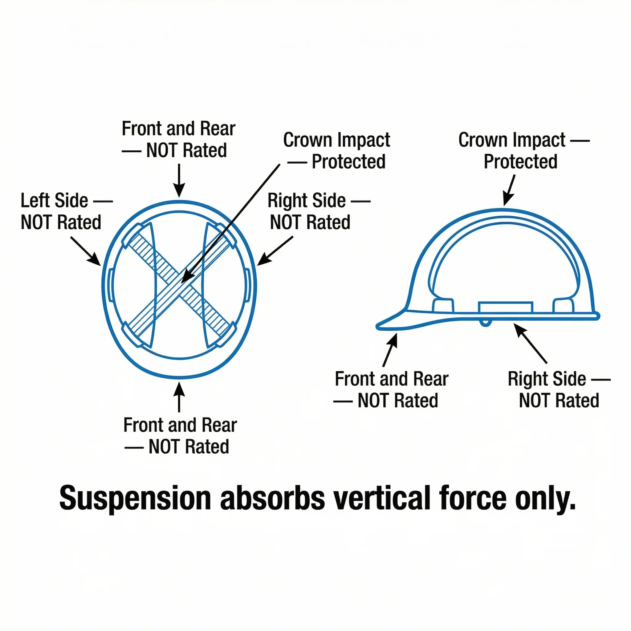 Diagram showing hard hat impact ratings from front, rear, side and crown angles, with notes that suspension absorbs vertical force only.