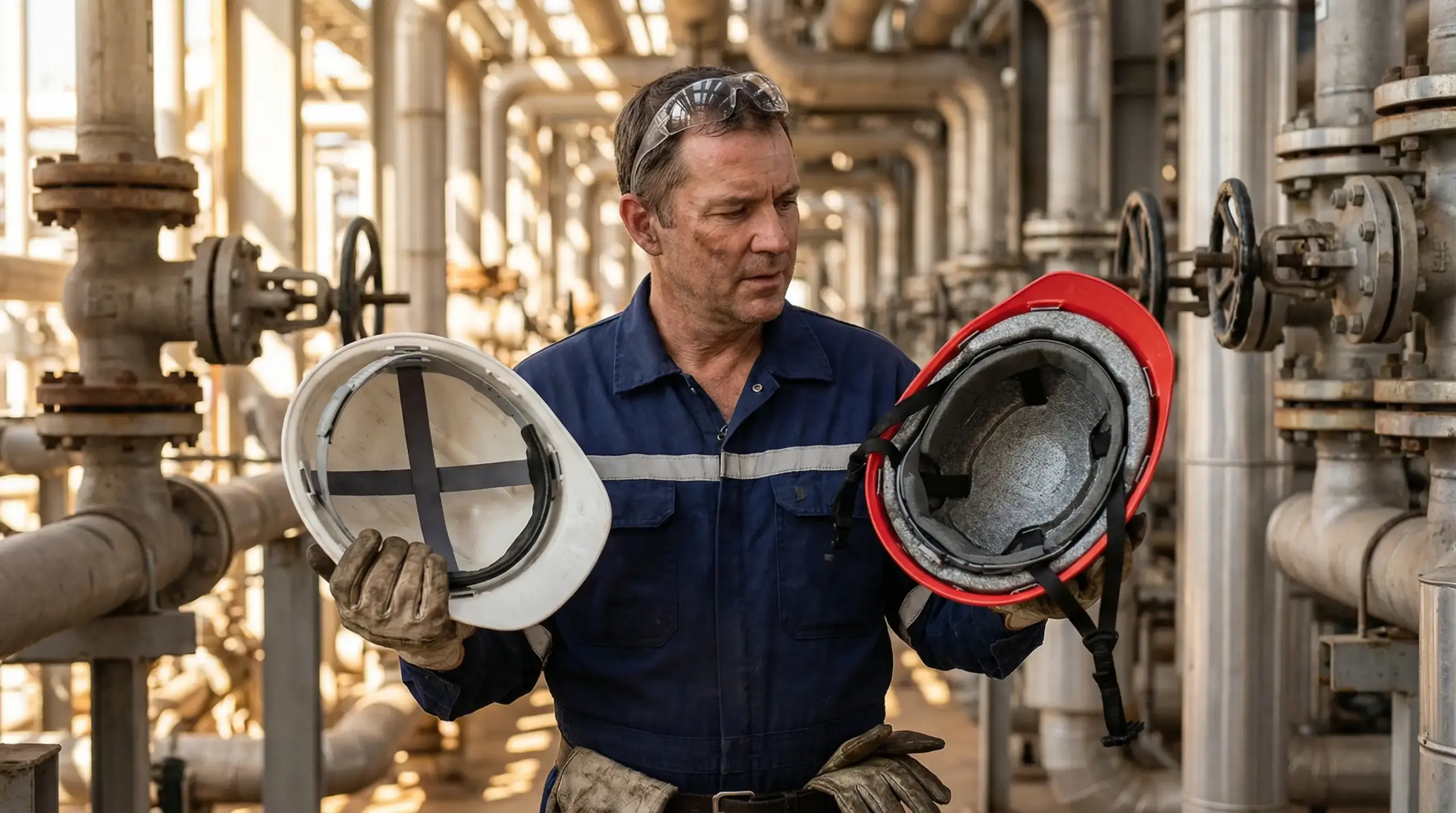 Industrial worker in blue coveralls holding hard hats inside a facility with pipes and valves.
