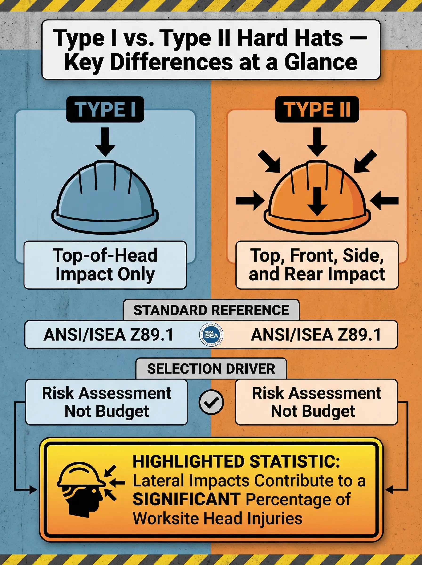 Comparison chart showing Type I hard hats protect only the top of the head while Type II hard hats provide protection from top, front, side, and rear impacts according to ANSI/ISEA Z89.1 standards.