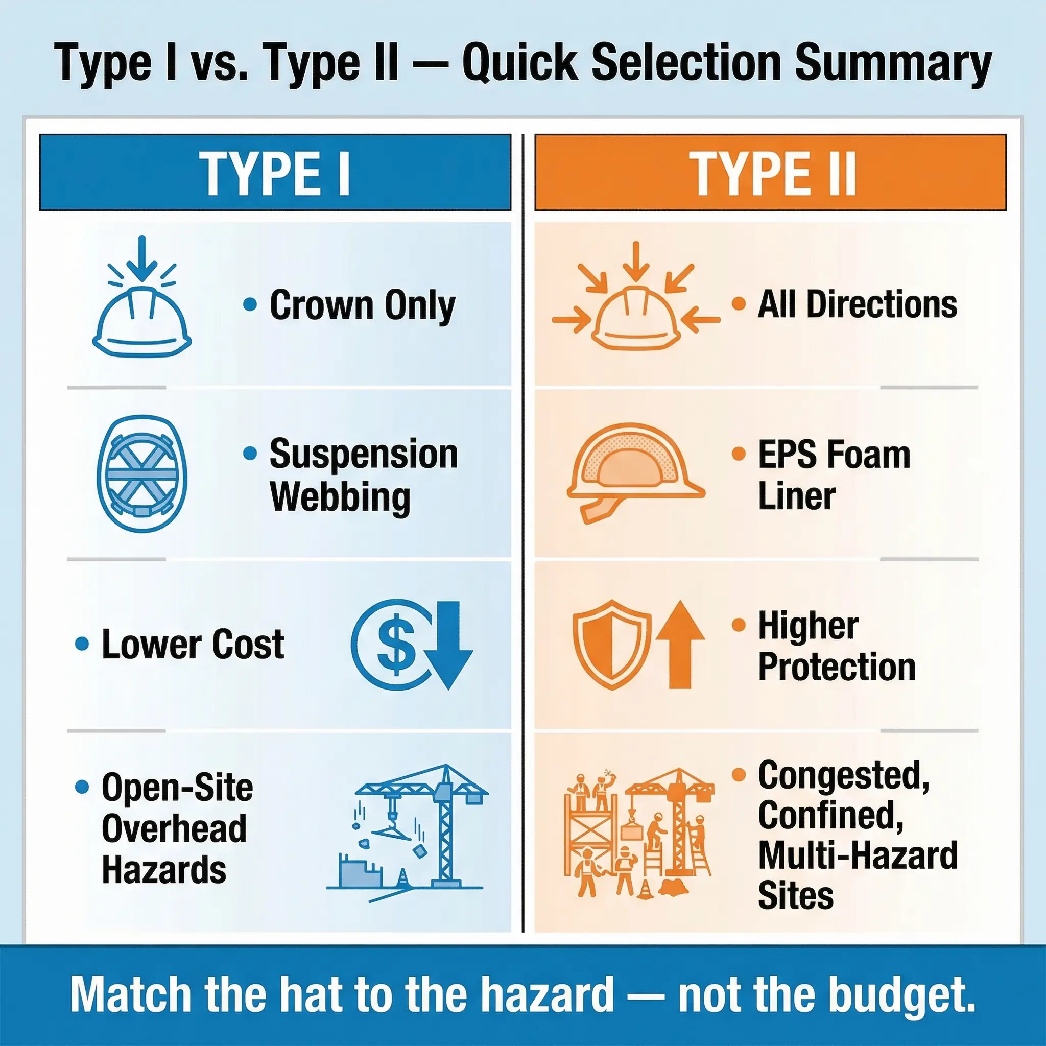 Comparison chart showing Type I hard hats with crown-only design and suspension webbing for lower-cost open-site work, versus Type II hard hats with all-direction protection and EPS foam liners for...
