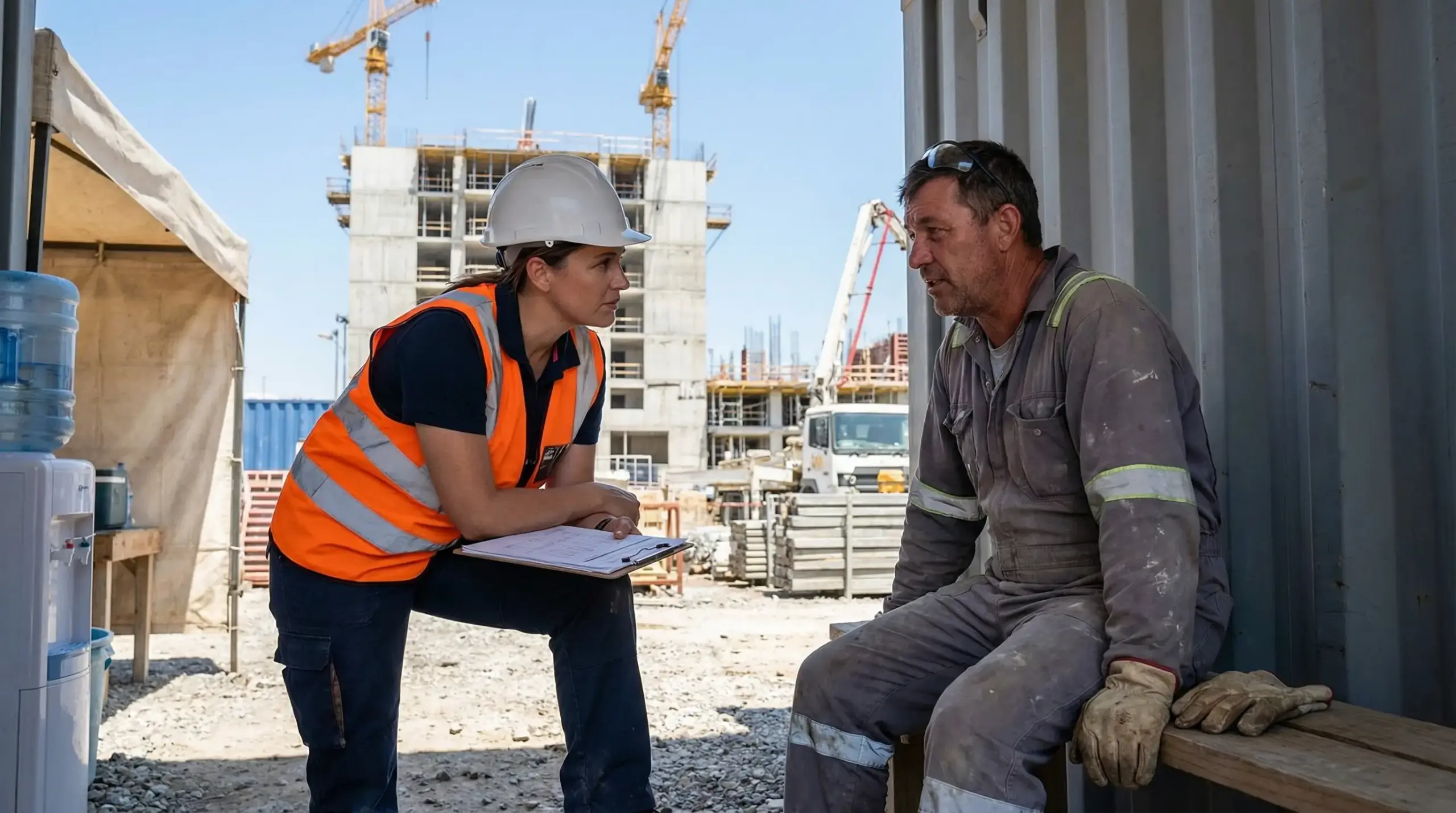 Female construction supervisor in orange safety vest and hard hat reviews clipboard with male worker on active building site with cranes and multi-story structure in background.